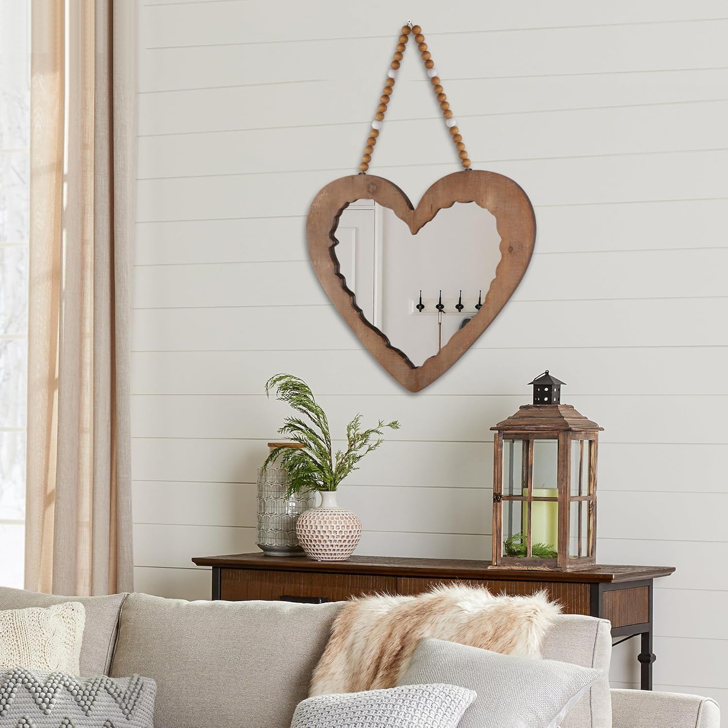 Espejo de corazón con cadena de cuentas para decoración de pared, espejo colgante en forma de corazón de madera, hermoso espejo decorativo rústico