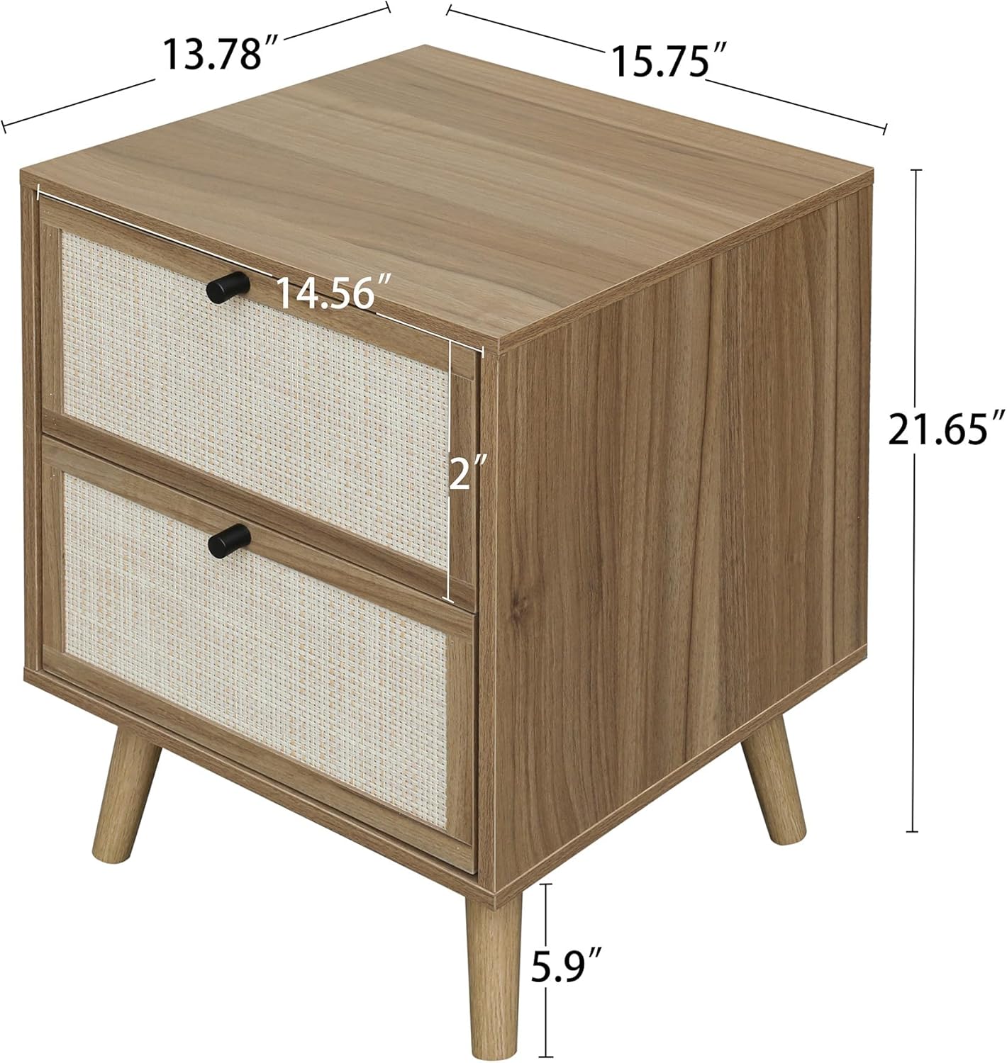 Juego de 2 mesitas de noche de ratán, mesa auxiliar de ratán con 2 cajones decorados a mano, mesa decorativa de madera con 2 cajones de