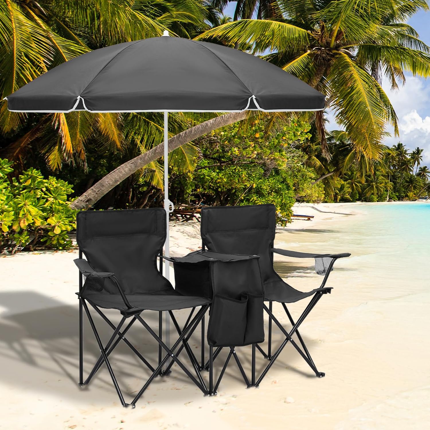 Magshion Silla de campamento doble con paraguas y enfriador para adultos, silla plegable de alta resistencia, color negro