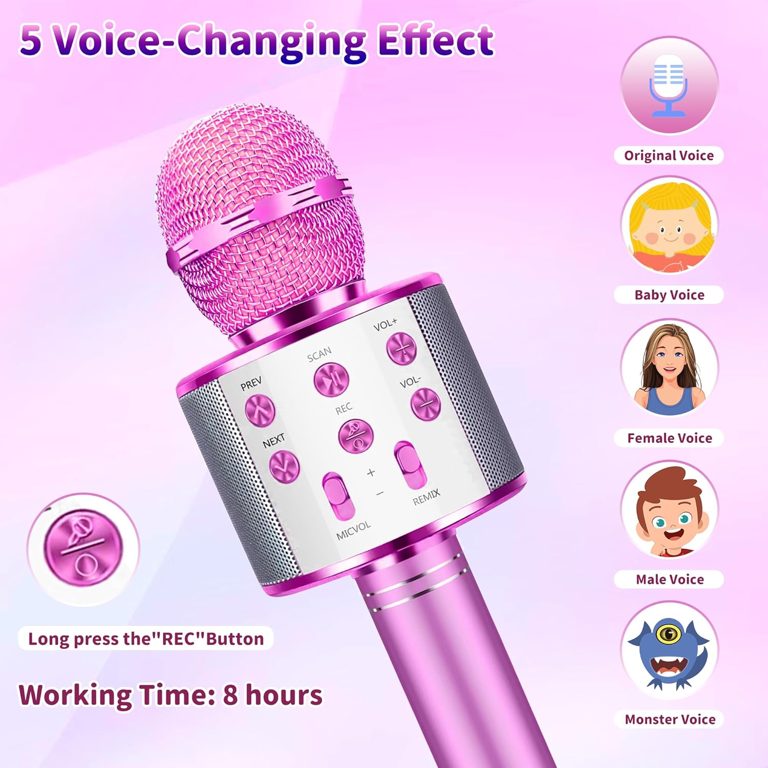 Micrófono de karaoke para niños, micrófono inalámbrico Bluetooth 5 en 1, micrófono de karaoke portátil de mano con altavoz, grabadora de juguetes