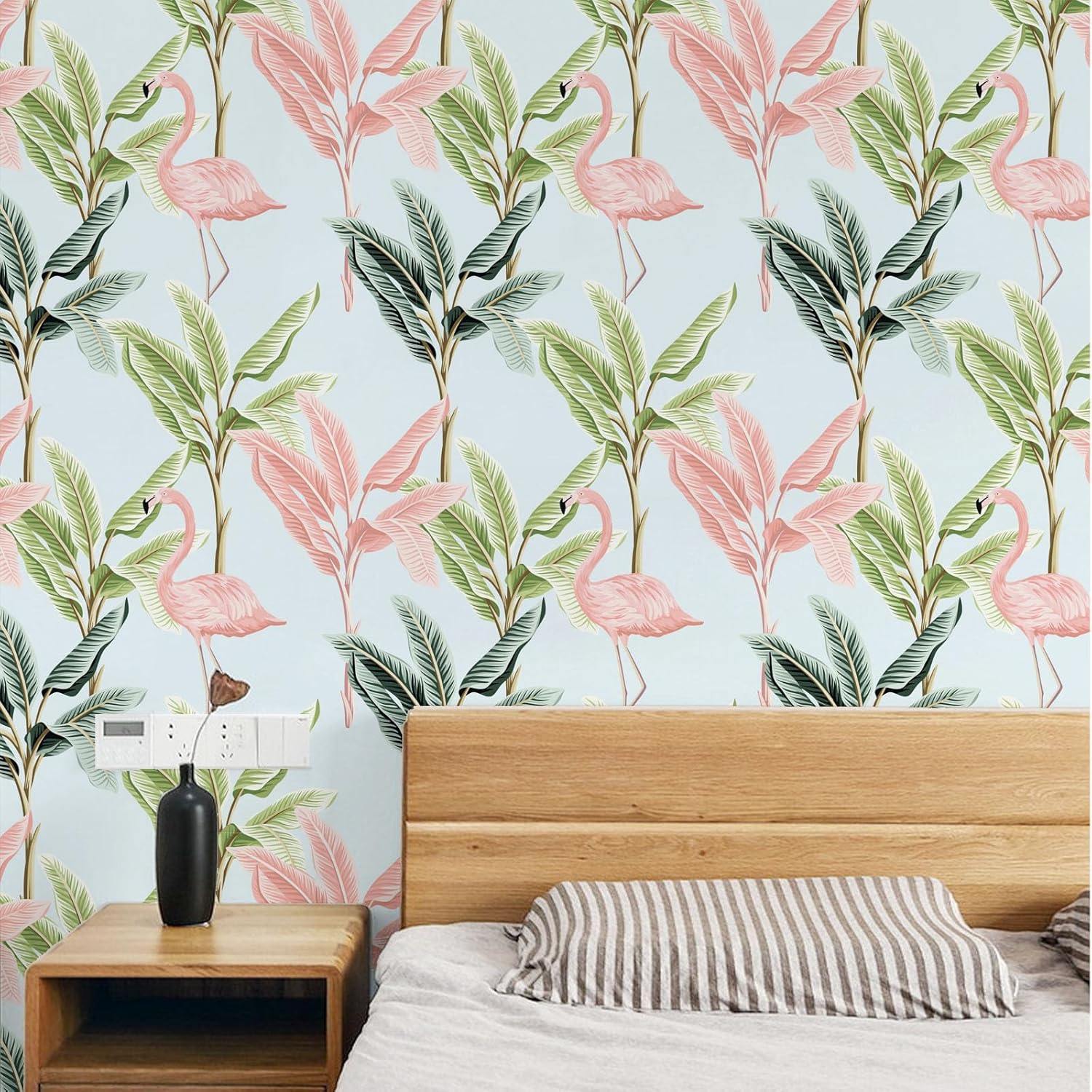 Papel tapiz de flamenco con diseño de pájaros tropicales, removible, floral, hojas verdes, bohemio, fácil de despegar, autoadhesivo, para