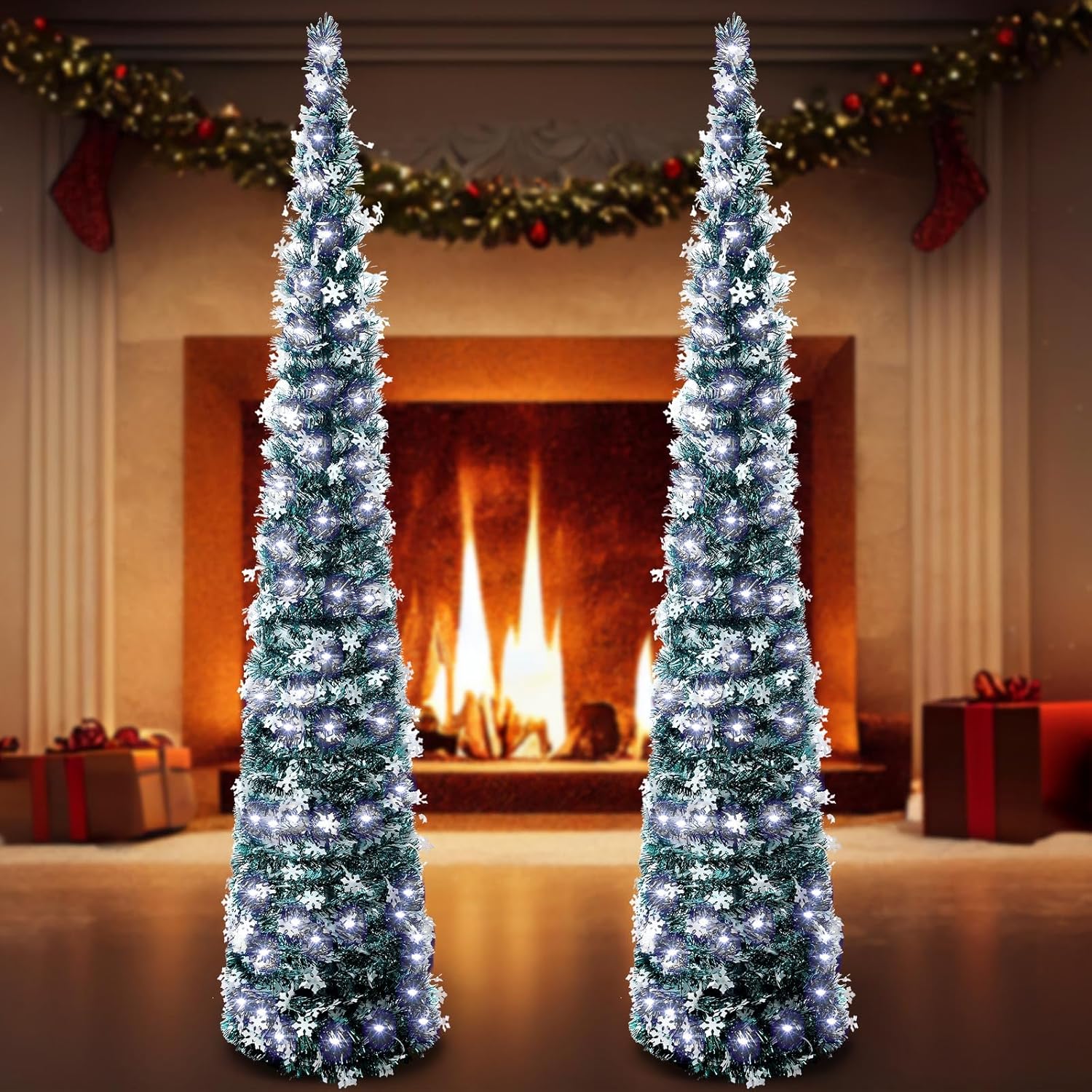 Sosation 2 piezas de árbol de Navidad desplegable de 5 pies, color verde claro, de oropel delgado, con cuerda LED, lentejuelas artificiales, árbol