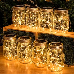 HXWEIYE Paquete de 8 faroles, tarros y perchas incluidos, 30 luces LED de color blanco cálido, impermeables, para colgar al aire libre, luces de HXWEIYE Paquete de 8 faroles, tarros y perchas incluidos, 30 luces LED de color blanco cálido, impermeables, para colgar al aire libre, luces de