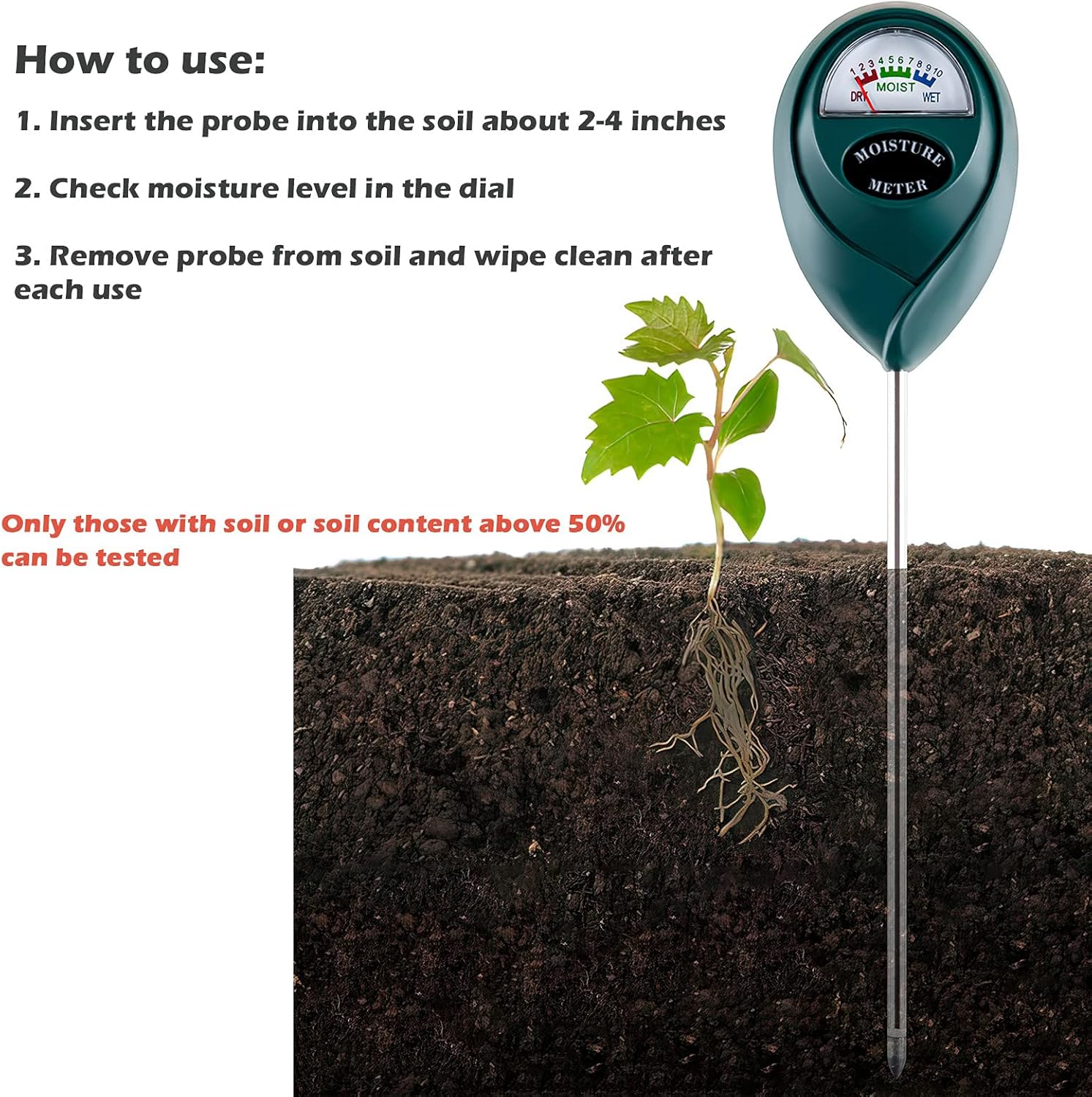 Medidor de humedad del suelo para plantas de interior, medidor de agua para plantas, medidor de humedad de plantas de interior y plantas de