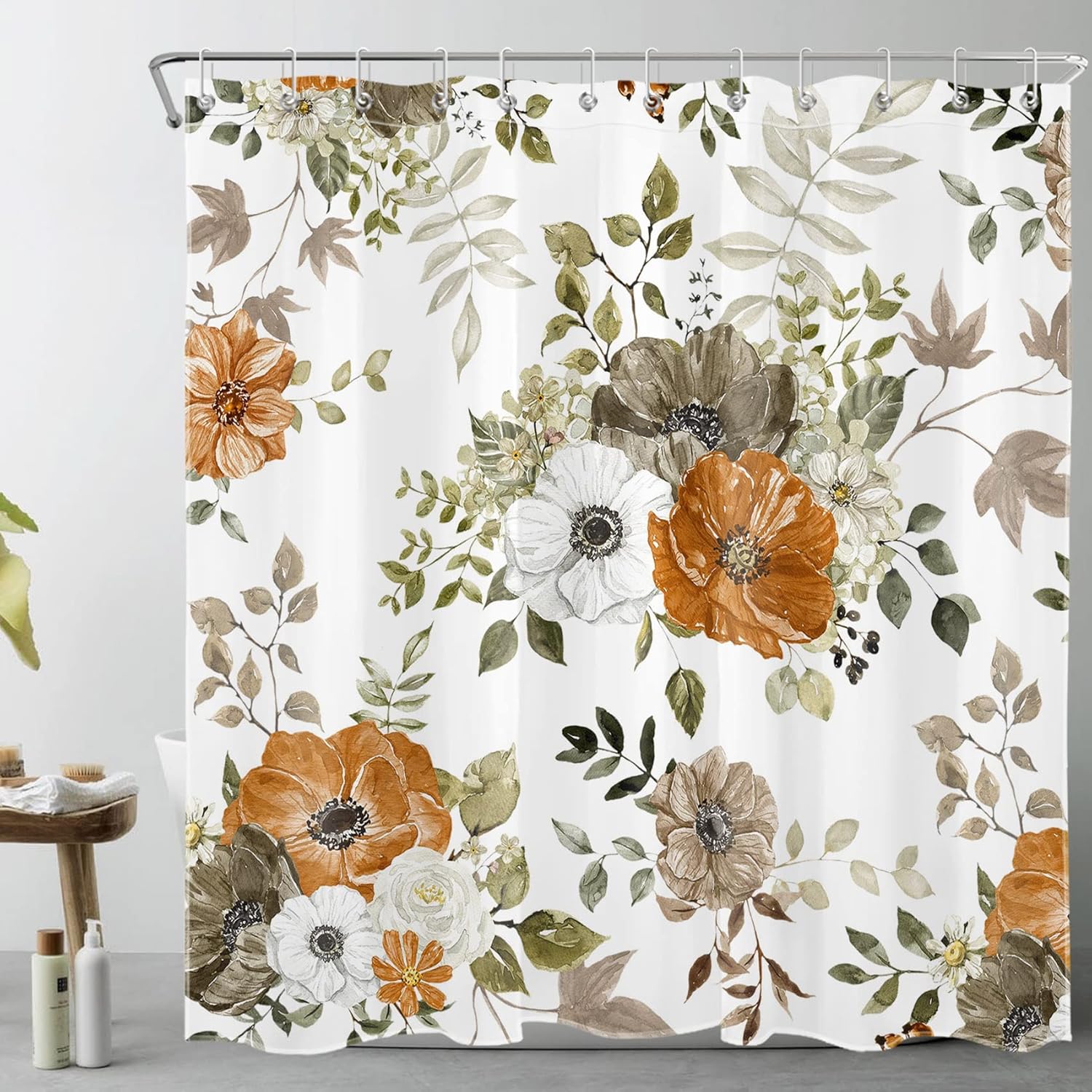LB Grey and Orange Flower Shower Curtain Sets with Rugs Autumn Country Plant Watercolor Floral on White Fabric Shower Curtain with Hooks Fall