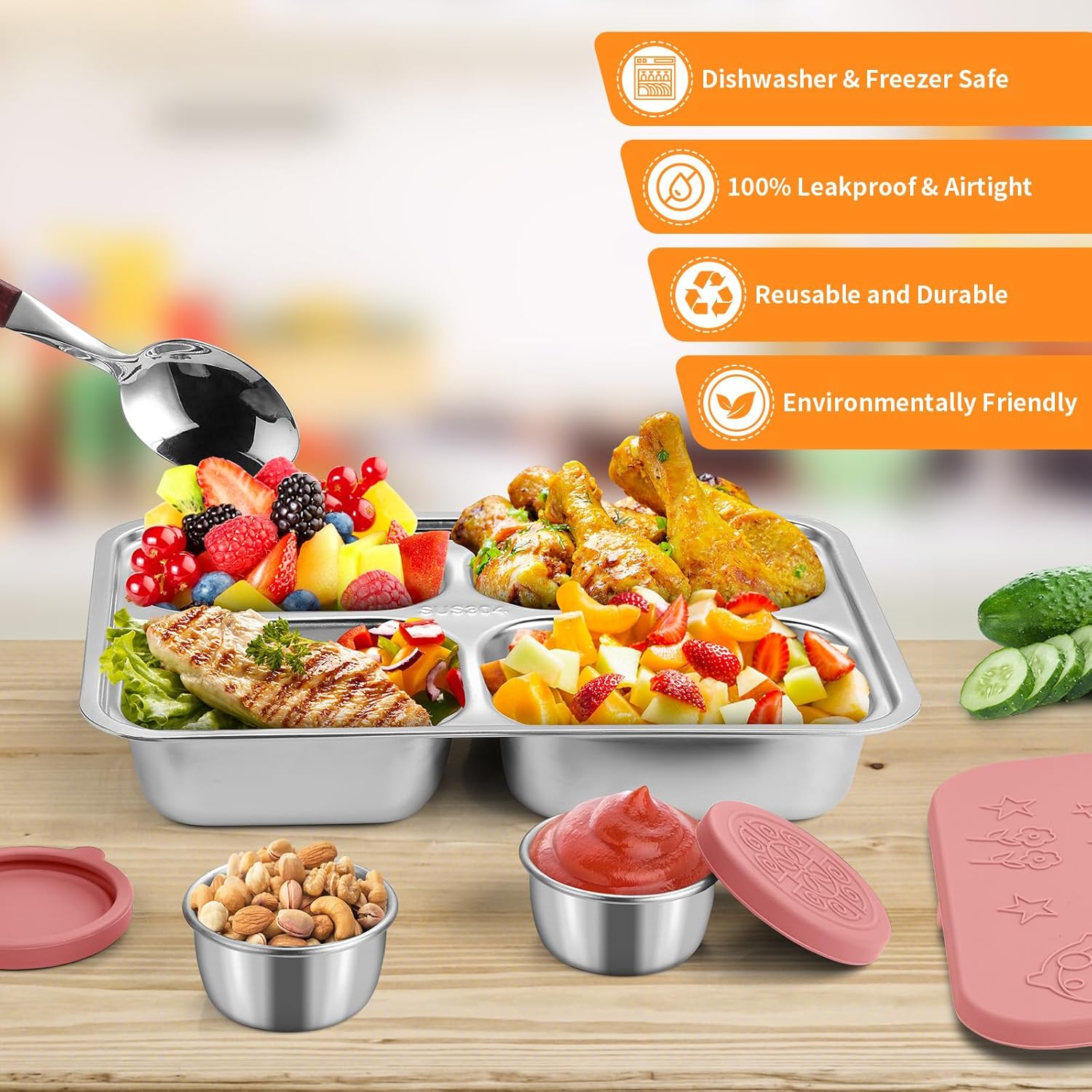 Caja Bento de acero inoxidable con 2 tazas de salsa, 4 compartimentos de alta calidad, lonchera de metal para niños o adultos (rosa)