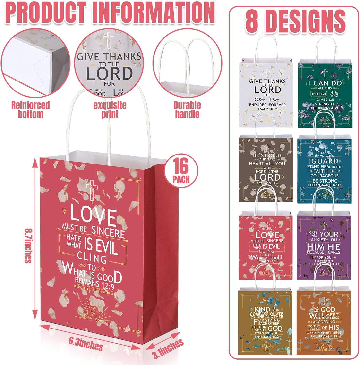 Hosuly 16 bolsas de regalo de himno religioso, bolsa de papel de escritura cristiana con citas de versículos de la Biblia, bolsas de regalo de