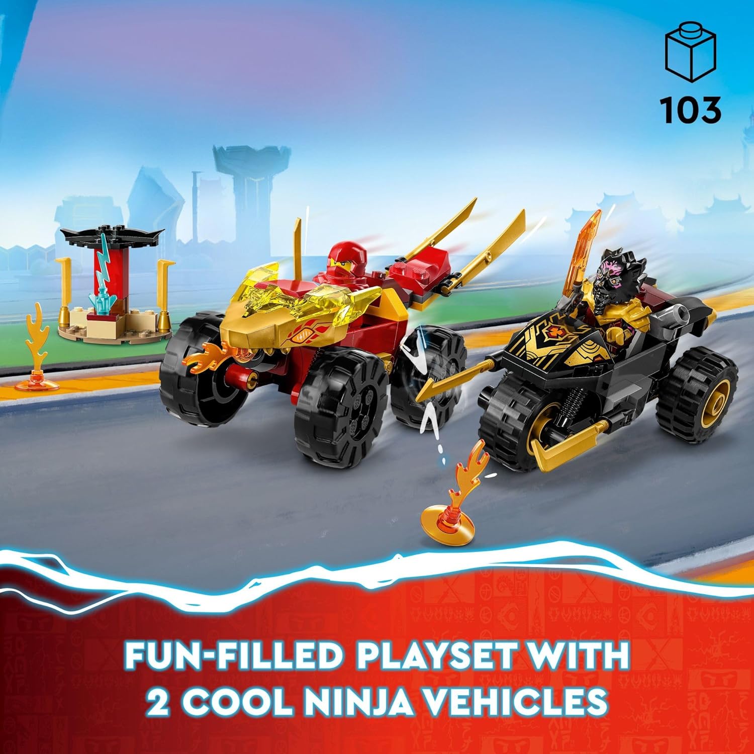 LEGO NINJAGO Kai and Ras 71789 – Juego de juguetes de construcción para principiantes, cuenta con un juguete de auto ninja y bicicleta más 2