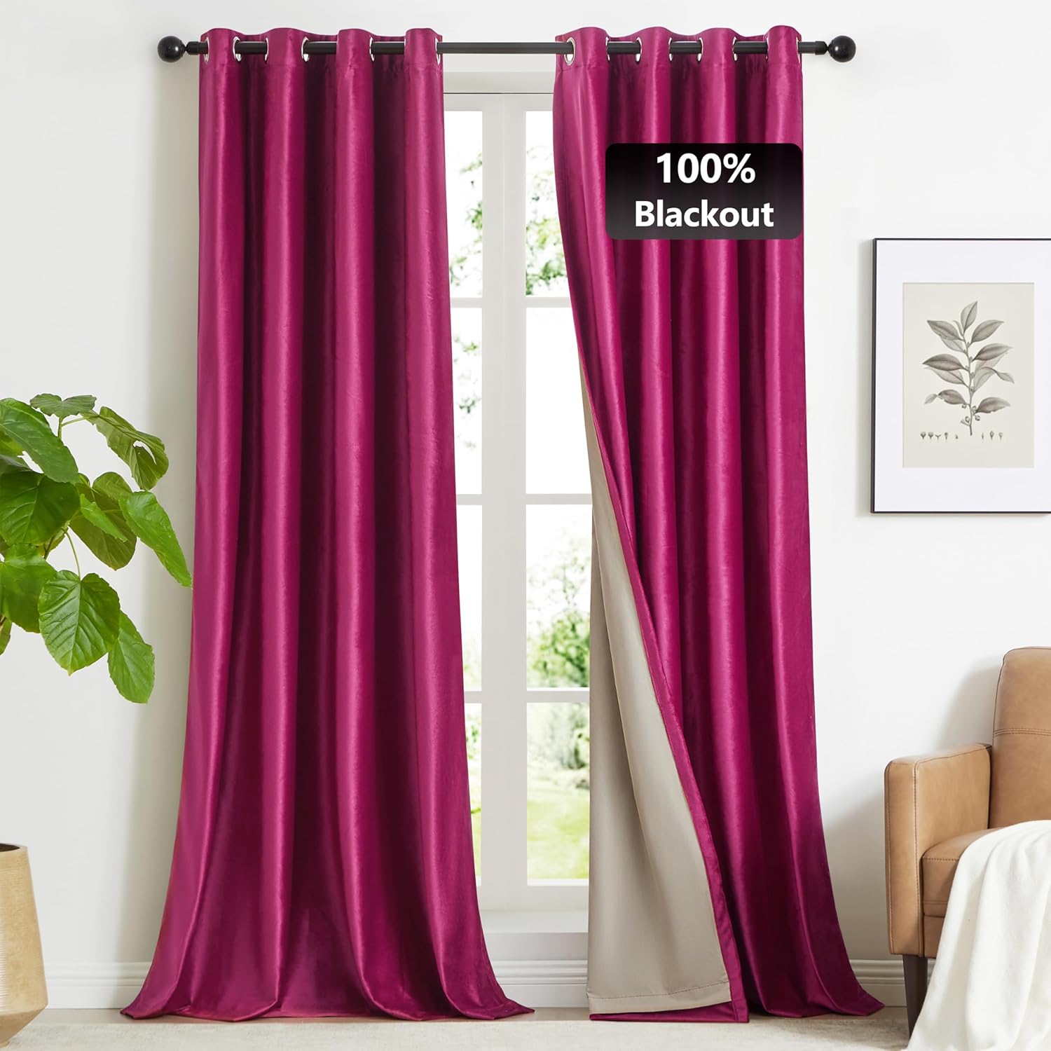 GIGIZAZA Cortinas 100% opacas de terciopelo rosa intenso de 108 pulgadas de largo, 2 paneles para sala de estar, cortinas térmicas de ventana con