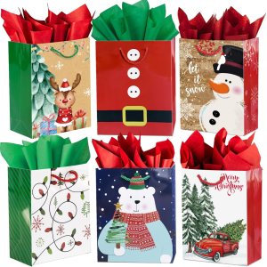 24 bolsas pequeñas de regalo de Navidad a granel con asas, 26 papel de seda y 60 etiquetas de regalo de Navidad, juego de 24 diseños surtidos de 24 bolsas pequeñas de regalo de Navidad a granel con asas, 26 papel de seda y 60 etiquetas de regalo de Navidad, juego de 24 diseños surtidos de