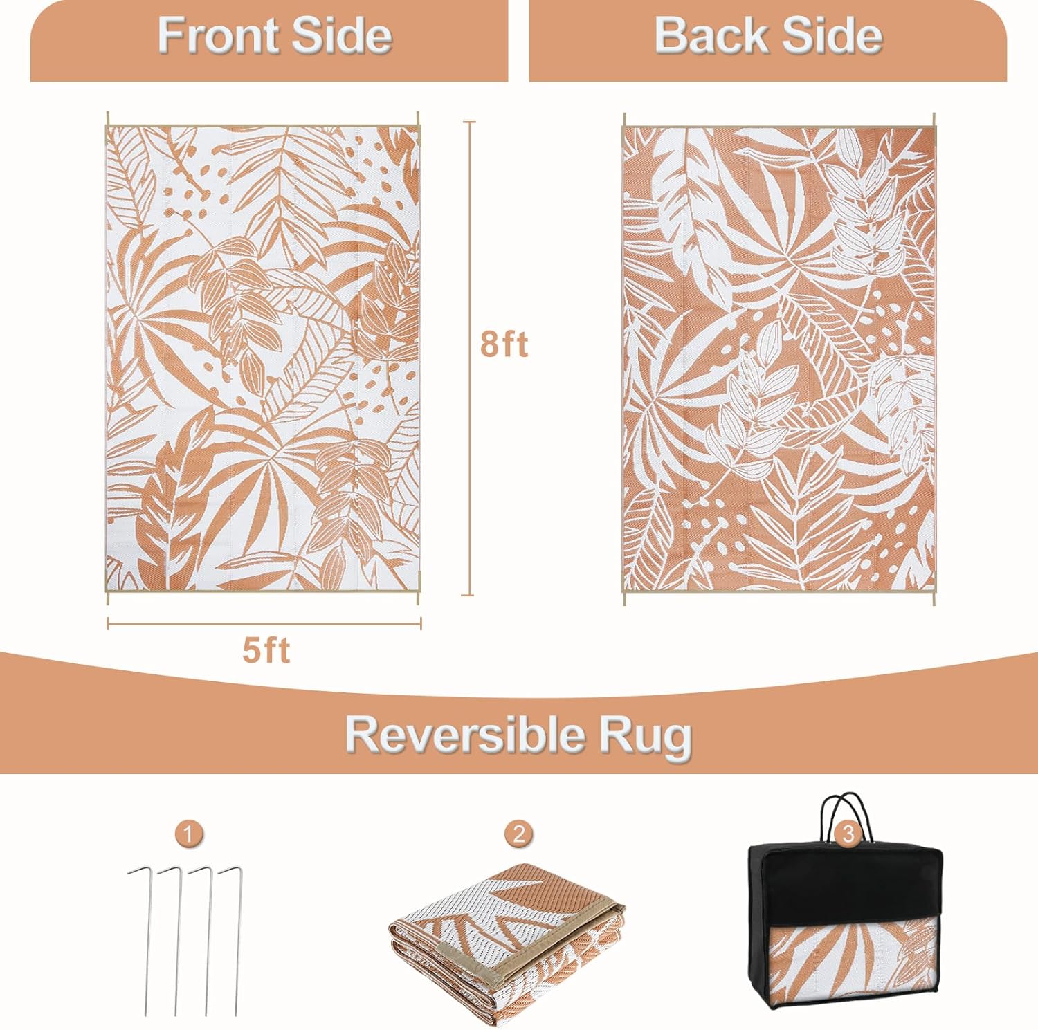 Wonnitar Alfombra de paja de plástico para exteriores de 5 x 8 pulgadas, reversible, impermeable, para exteriores, para patio, grande, portátil,