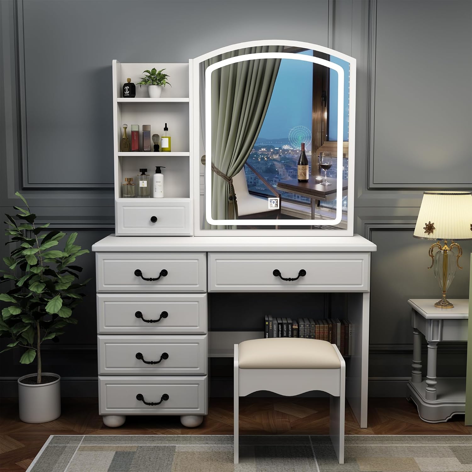Escritorio de tocador con espejo iluminado, tocador de maquillaje con luces y cajones, mesa de maquillaje con espejo, 3 colores de iluminación,