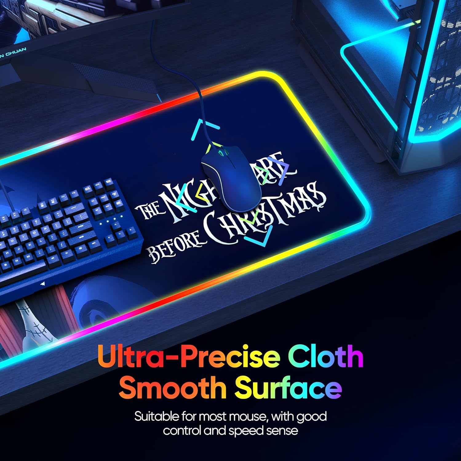 Alfombrilla de mouse RGB con diseño de calavera RGB, El extraño mundo de Navidad con 14 modos de iluminación, alfombrilla antideslizante para