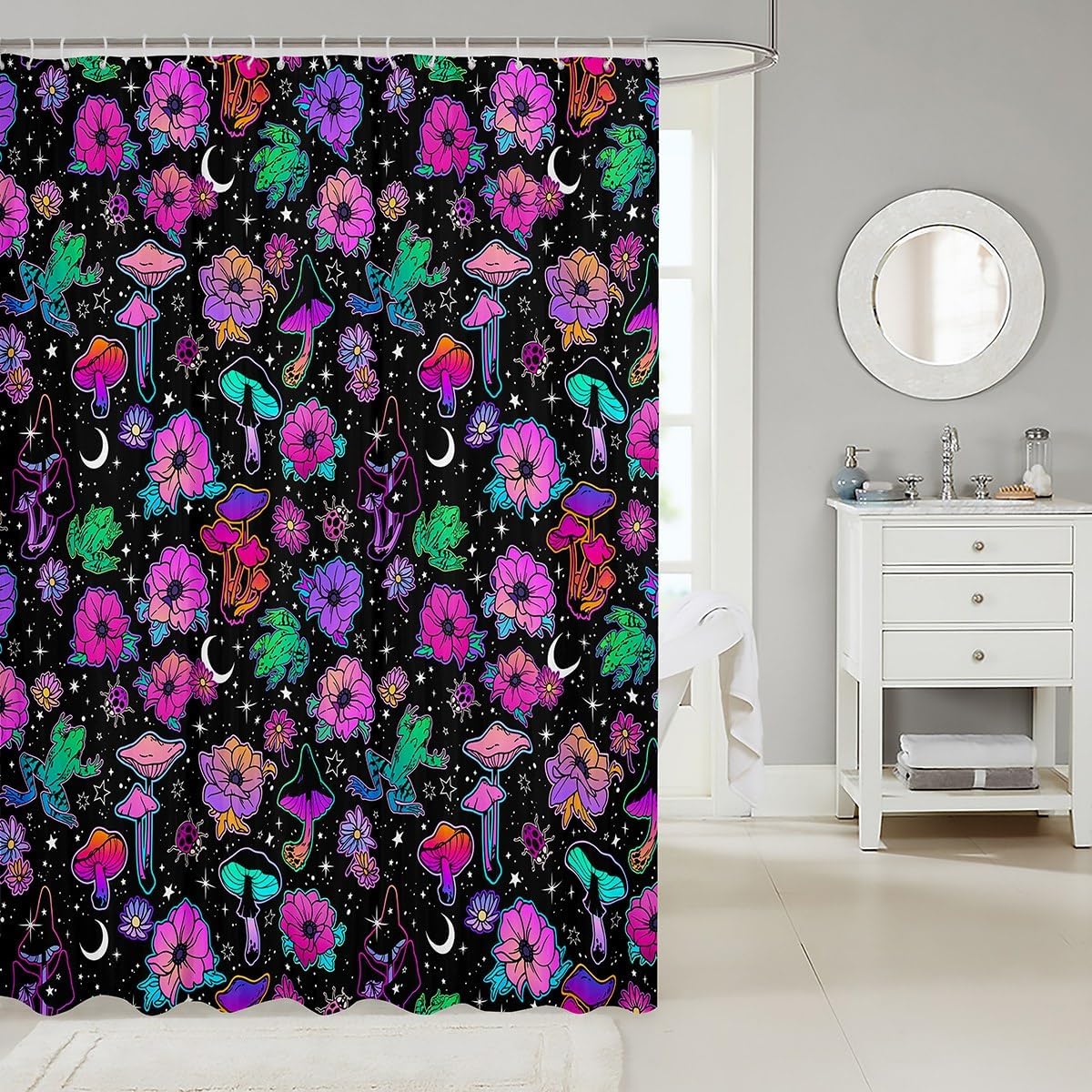 Cortinas de ducha de flores hippie para decoración del hogar, cortina de baño de animales de mariquita, hongos arcoíris, estrellas, luna, galaxia,