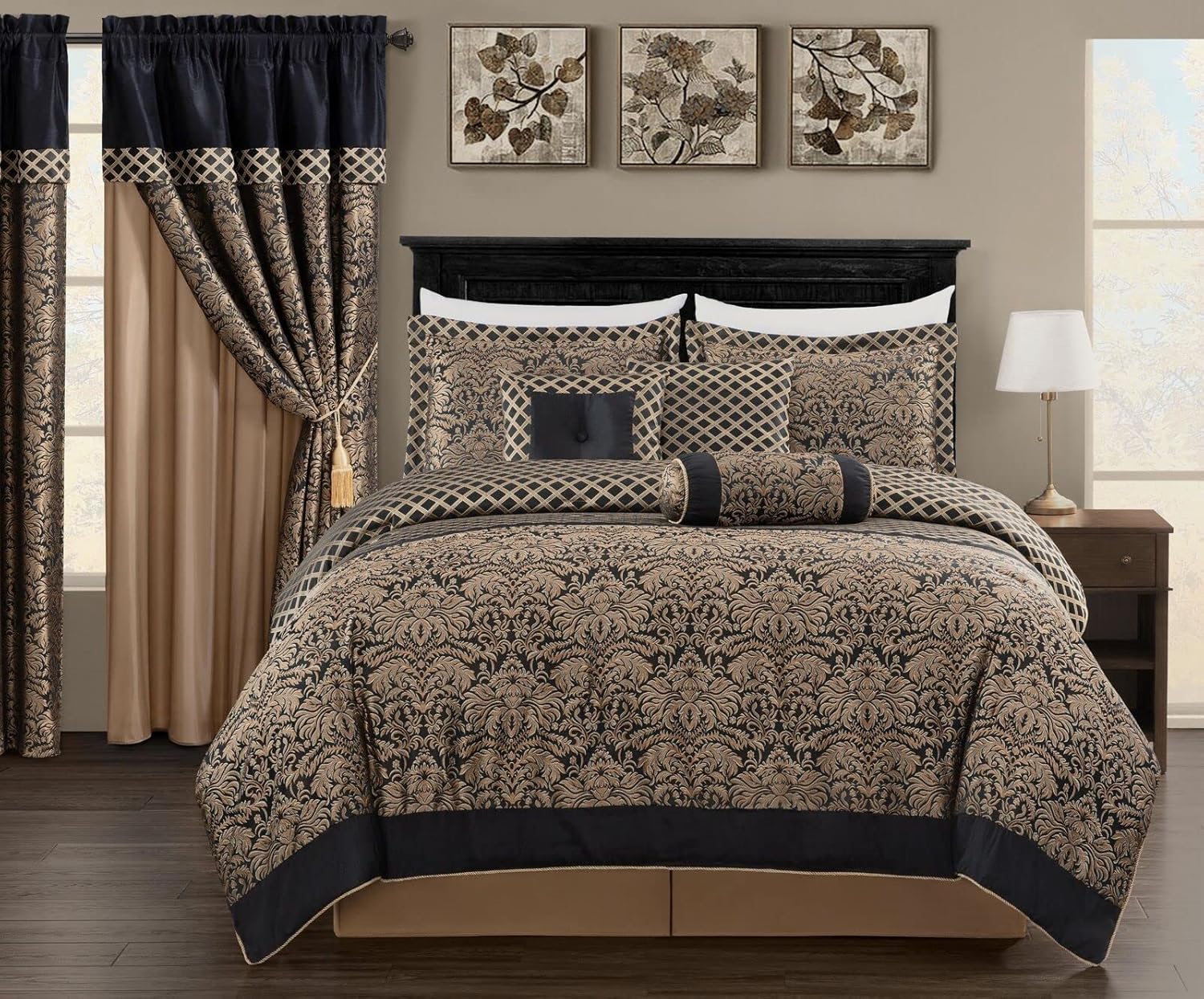 Chezmoi Collection Juego de edredón tejido jacquard de medallón floral de diamante negrodorado de 7 piezas, tamaño California King