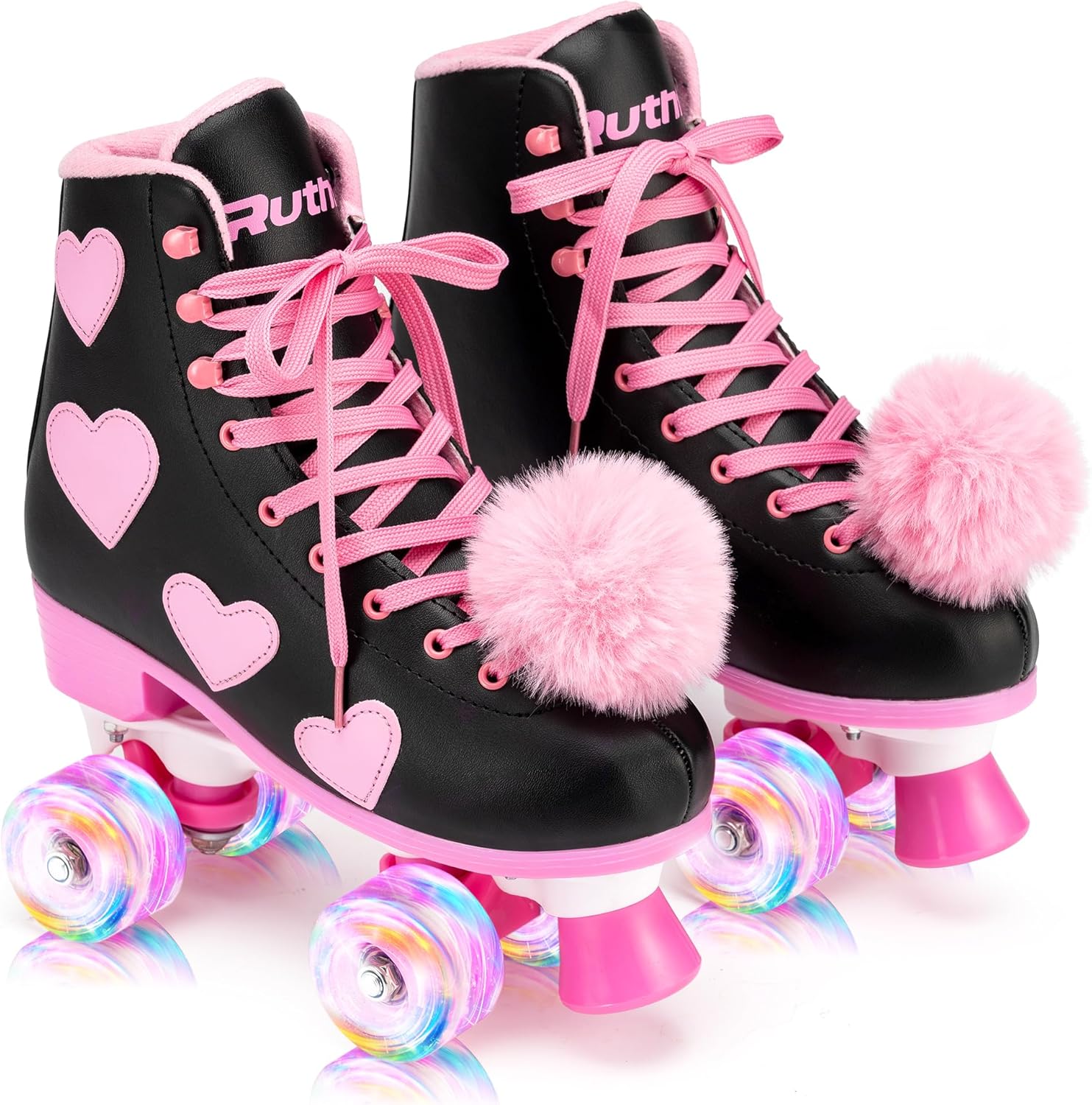Ruthfot Patines clásicos para mujeres y niñas con ruedas iluminadas y patrón de corazón de amor, patines de piel sintética de alta calidad
