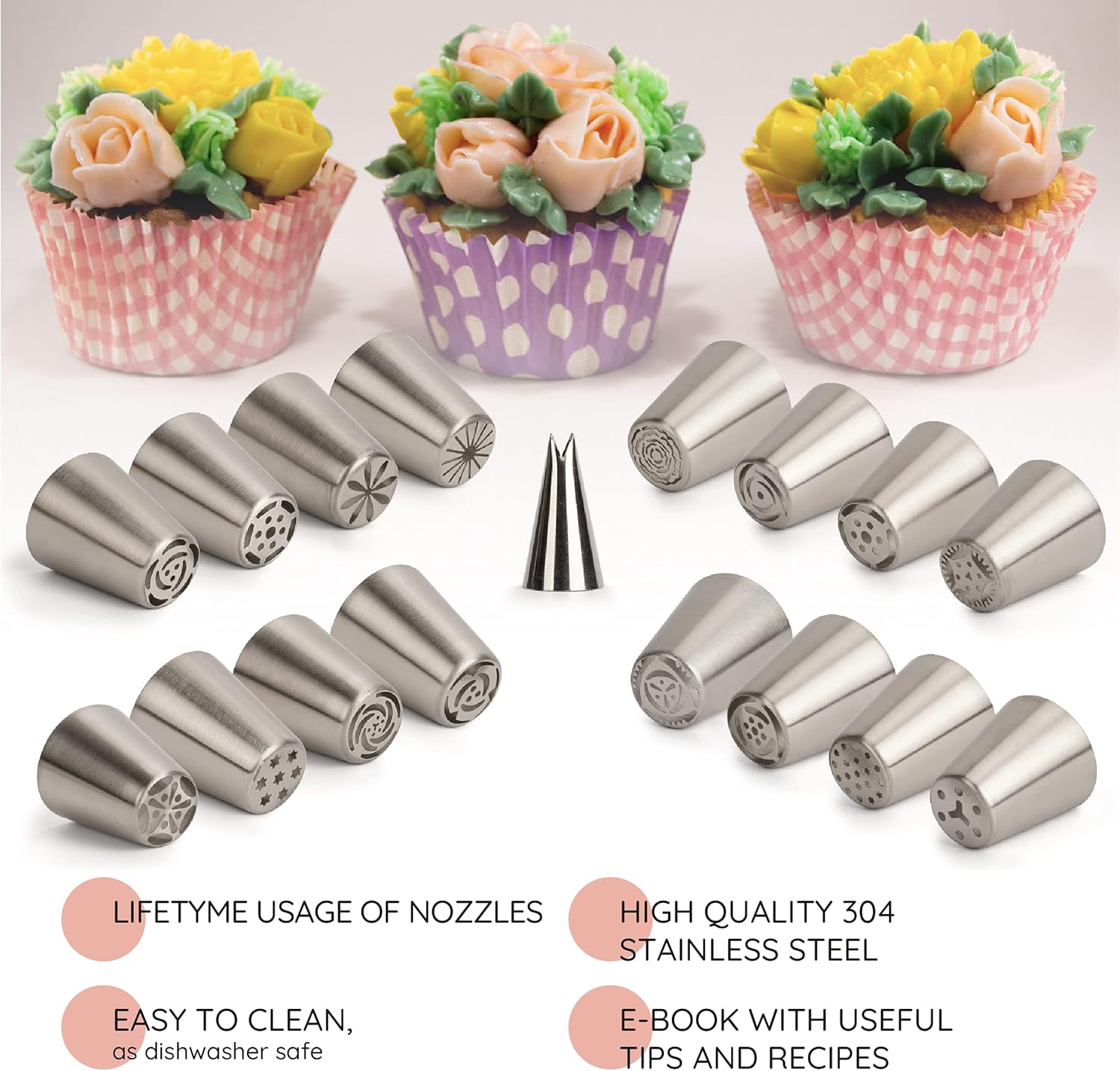 Wenburg Juego de puntas de tuberías rusas, 43 piezas 16 puntas de flores grandes para decoración de pasteles, puntas de hojas, acopladores, bolsas