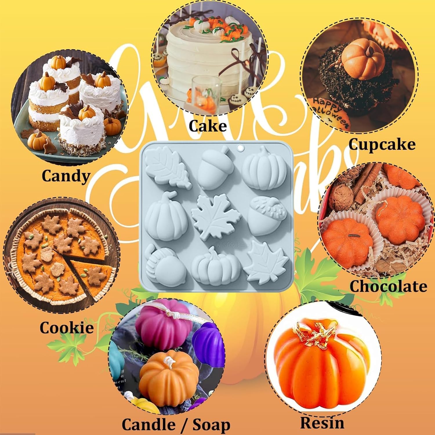 Molde de fondant de Halloween, 2 moldes de caramelo, lindo molde de silicona con patrón de hoja de arce de calabaza 3D, molde de 9 rejillas, molde