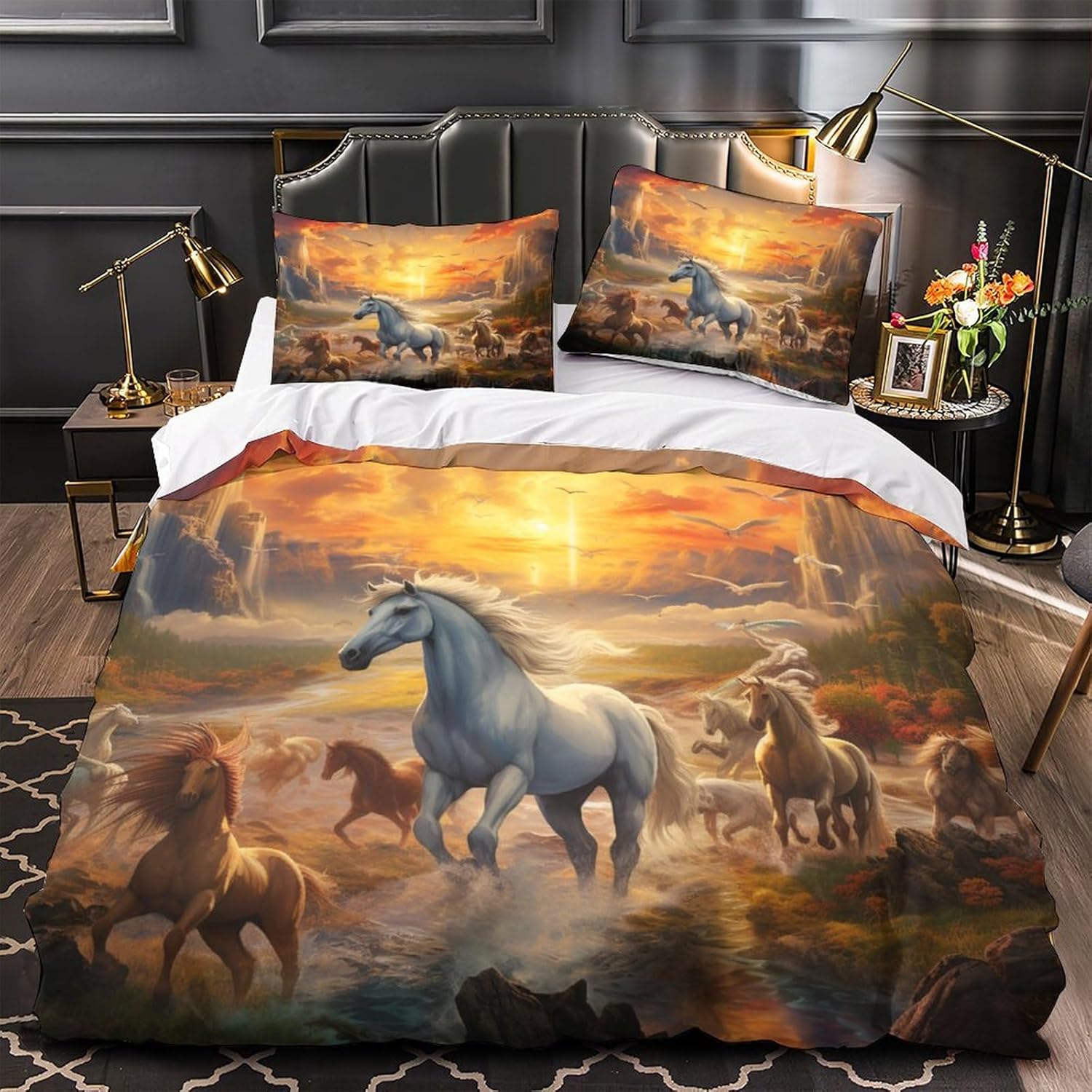 Juego de funda de edredón con diseño de caballo Queen, funda de edredón para niños y niñas, funda de edredón suave de 3 piezas con cierre de