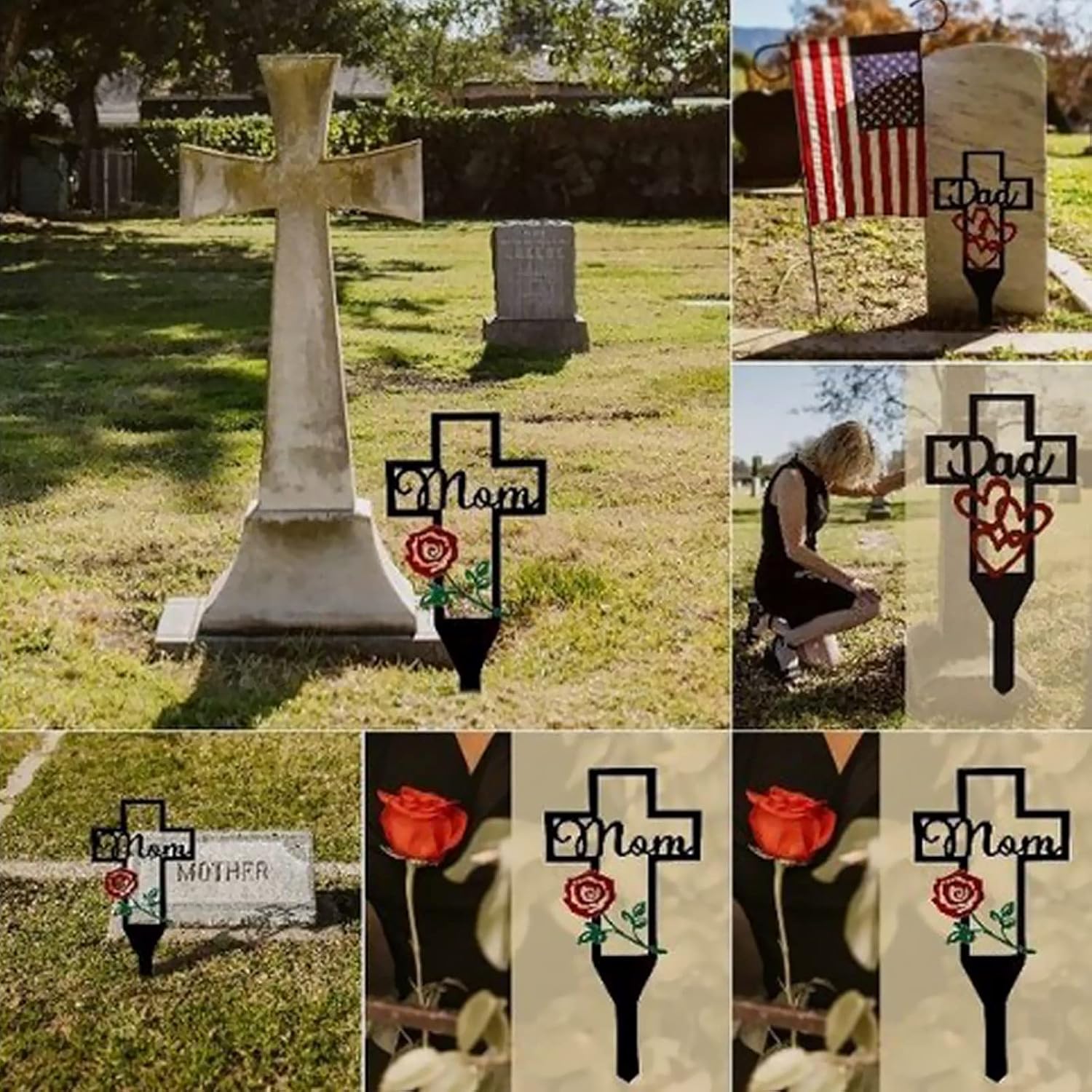 LIBOOI Estaca de metal con cruz de jardín, decoración junto a la tumba para cementerio, cementerio conmemorativo con estaca de cruz de metal, pila