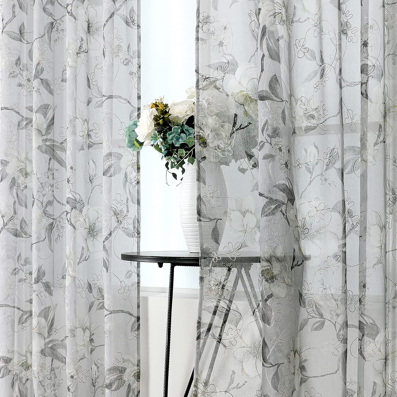 Tollpiz – Cortinas de gasa transparentes, hechas de lino sintético, bordadas, con diseño de hojas y flores, para dormitorio o sala de estar, juego