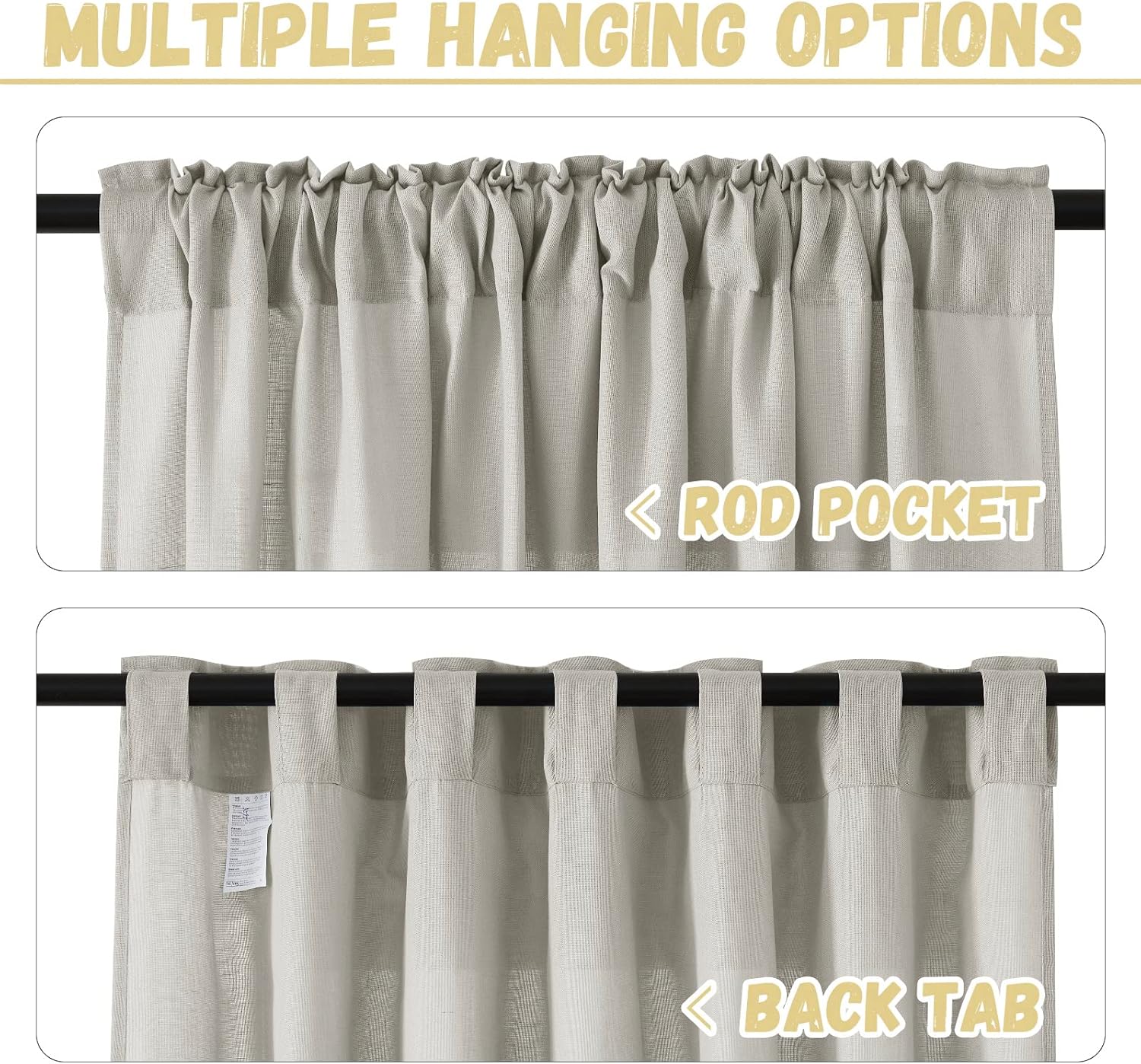 StangH Cortinas semitraslúcidas de lino de 96 pulgadas de largo, con pestaña trasera, filtro de luz, cortinas de lino para ventana de niños y niños,