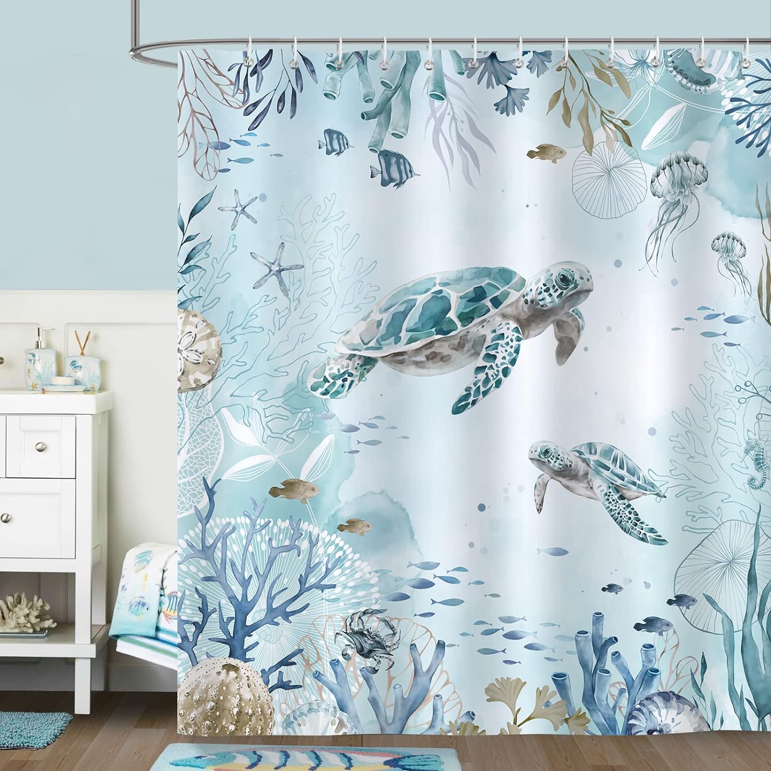 Bonhause Cortina de ducha con diseño de tortuga marina para baño, cortina de baño decorativa costera, 72 x 84 pulgadas, tela de poliéster,