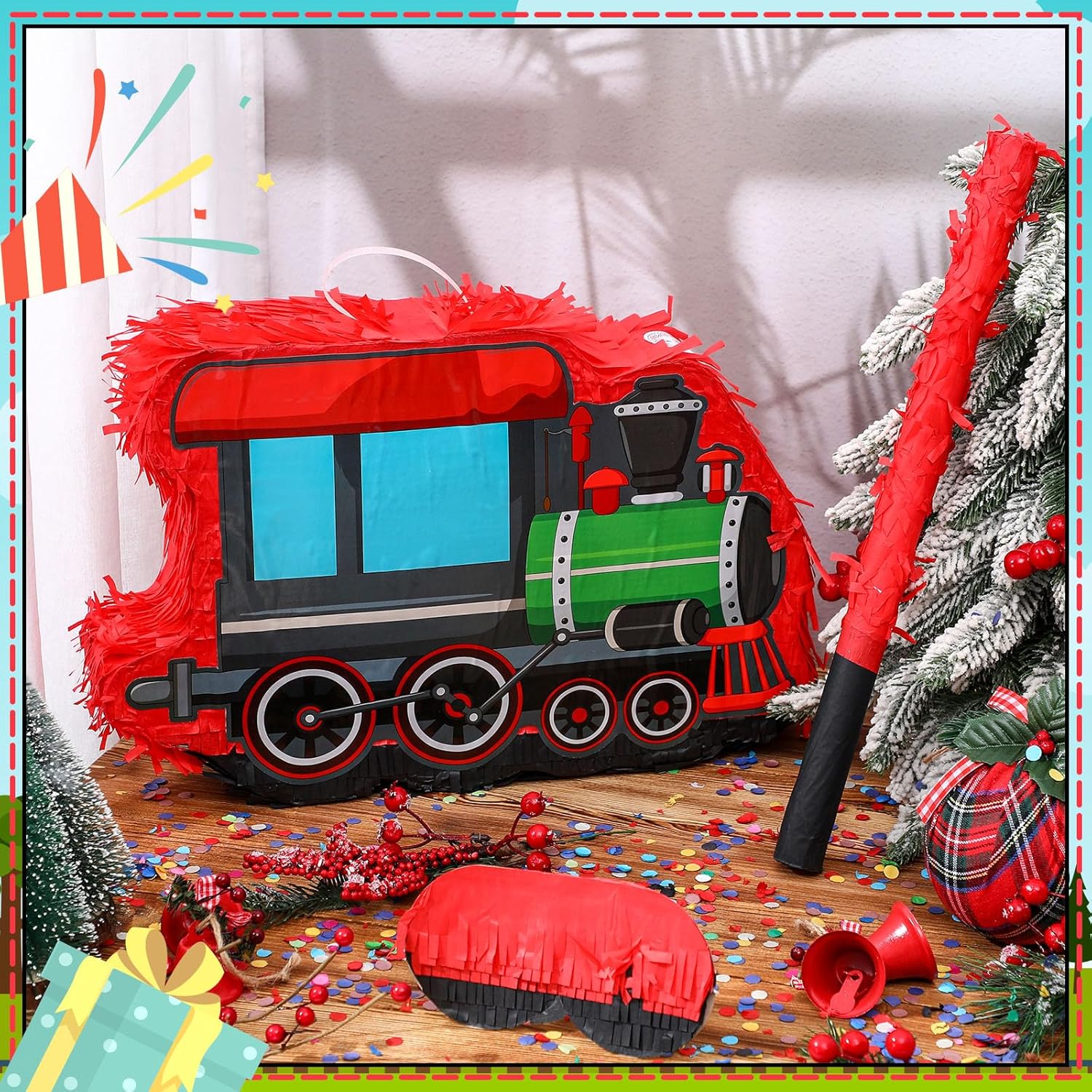 Jenaai Piñatas de tren pequeñas 3D para fiesta de cumpleaños con palo, vendas para los ojos, 16.1 x 11.4 x 3 pulgadas, confeti de tren pequeño,