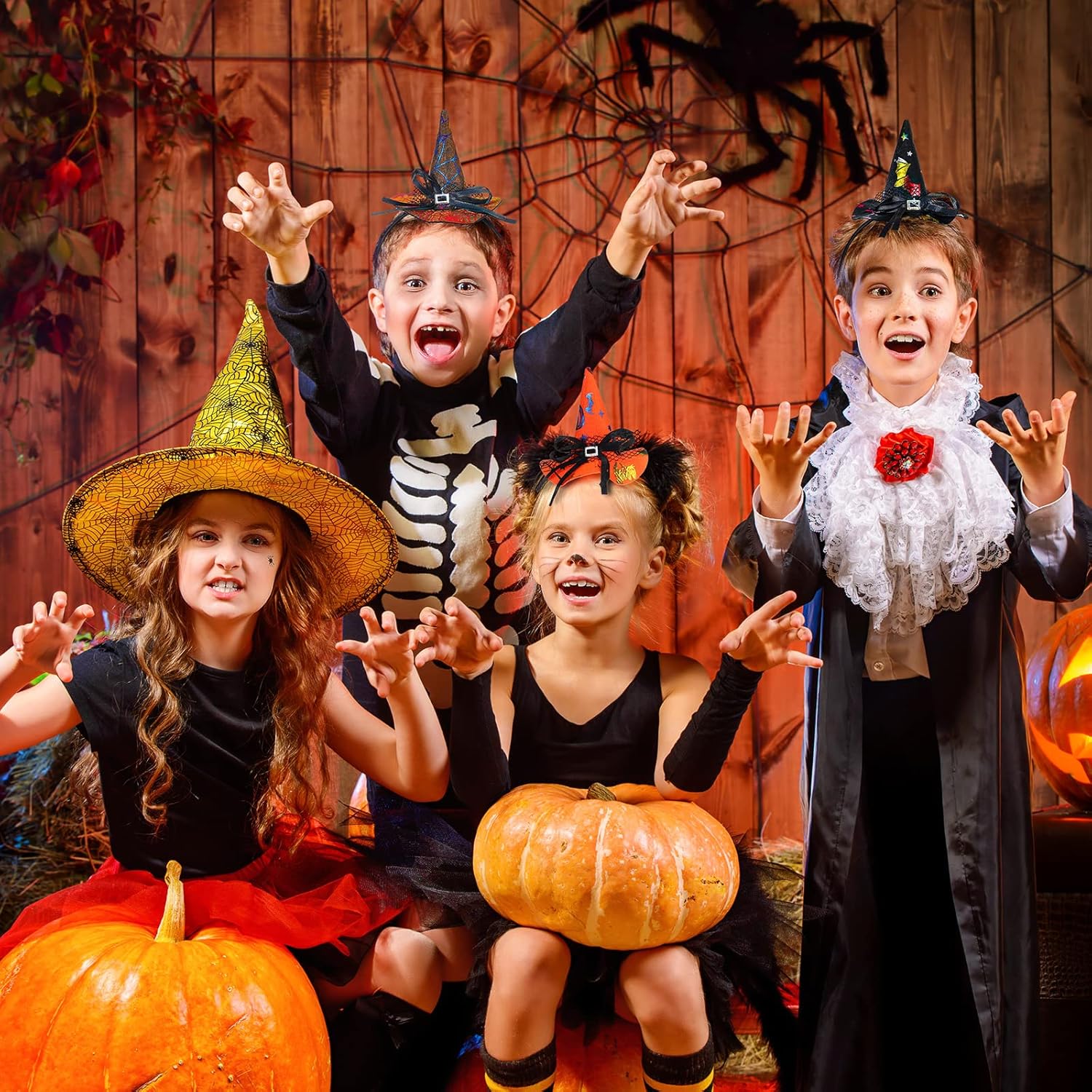 16 piezas de sombrero de bruja de Halloween, diadema para disfraz de bruja, accesorios de telaraña, diadema de calabaza puntiaguda, diadema para