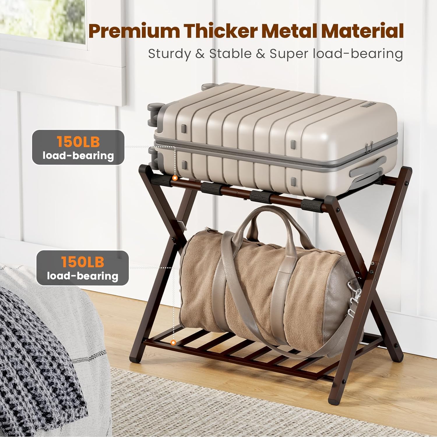Portaequipajes plegable para habitación de invitados, soporte plegable para maleta con bloqueo magnético único y estante de acero, por nivel con