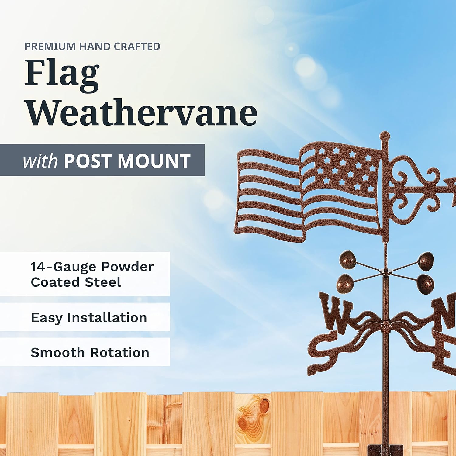 EZ Vane – Veleta de acero con bandera de Estados Unidos, 21 pulgadas de altura, incluye soporte de poste de metal, vasos de viento y soportes, hecho