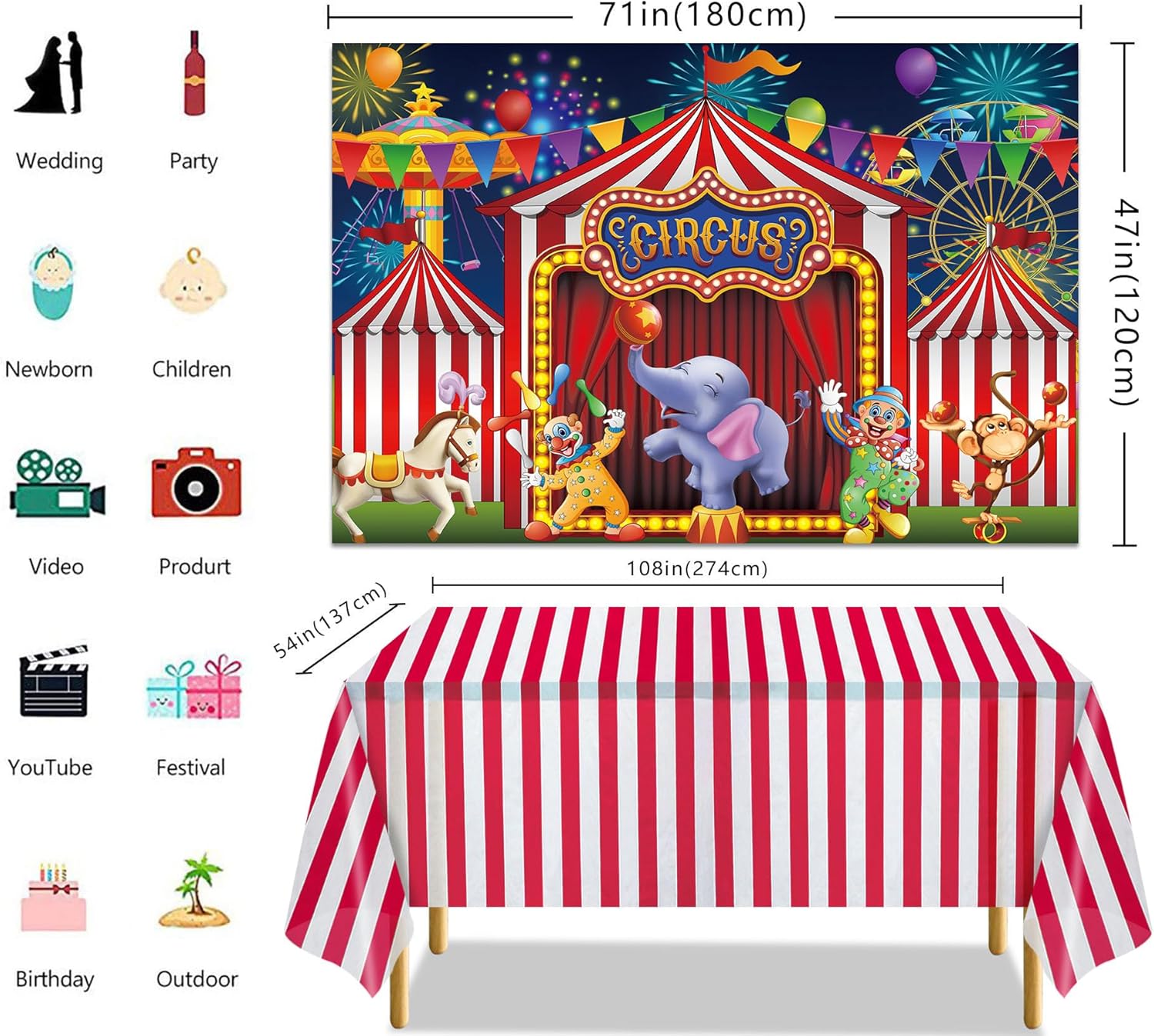 Kit de mantel de telón de fondo de circo rojo a rayas, parque de atracciones, tiendas de campaña, carrusel de carnaval, primer cumpleaños, baby