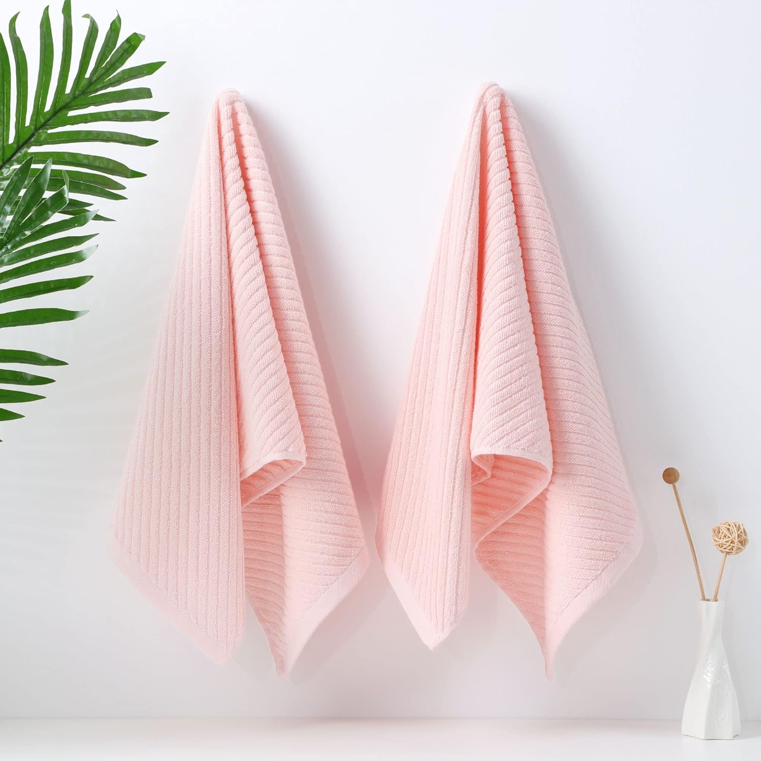 PiccoCasa Juego de 2 toallas de mano acanaladas rosas para baño de 13 x 29 pulgadas, 100% algodón, suaves, absorbentes, suaves al tacto, de secado