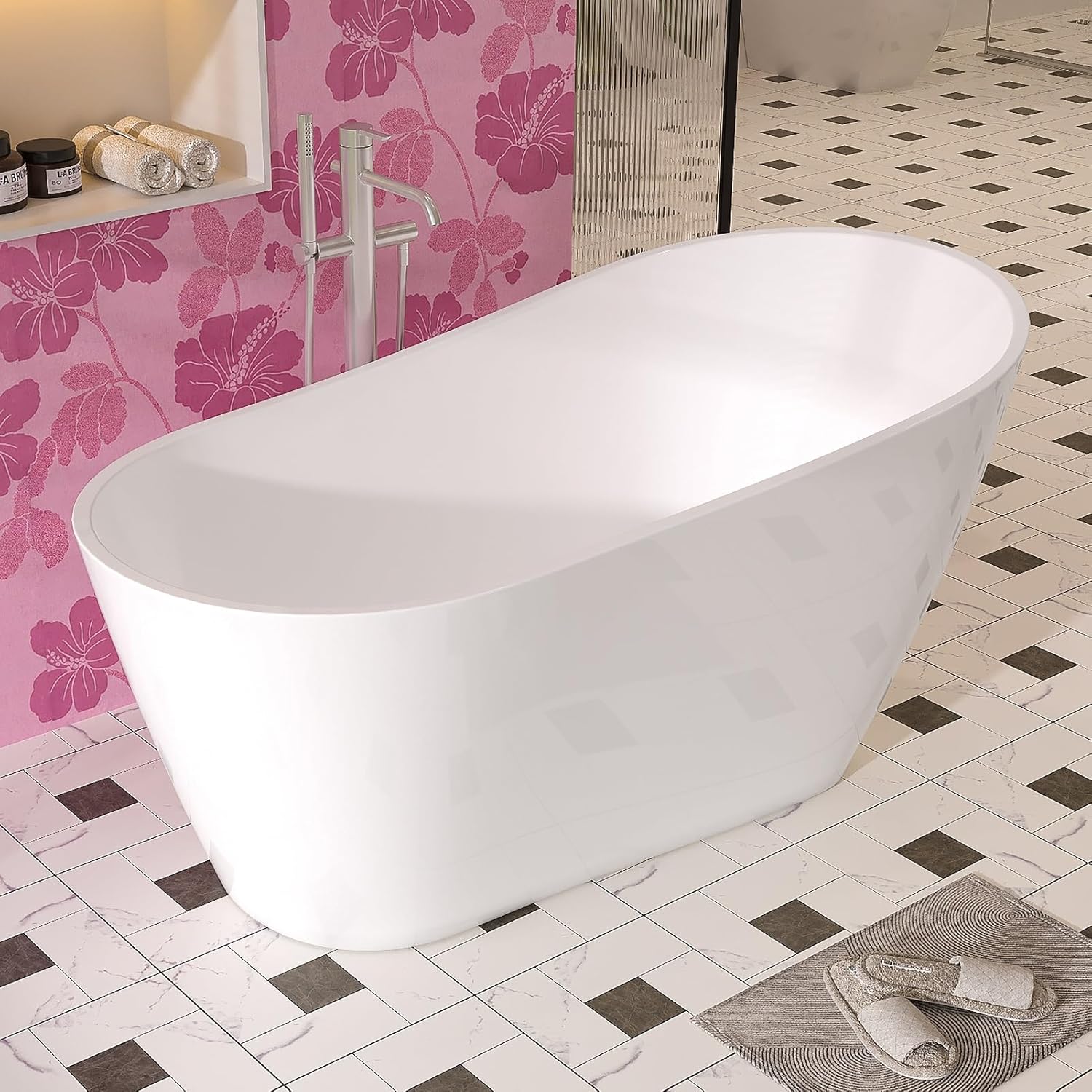 Bañera de acrílico independiente de 59 pulgadas con desbordamiento y drenaje cromados, color blanco, certificado por cUPC