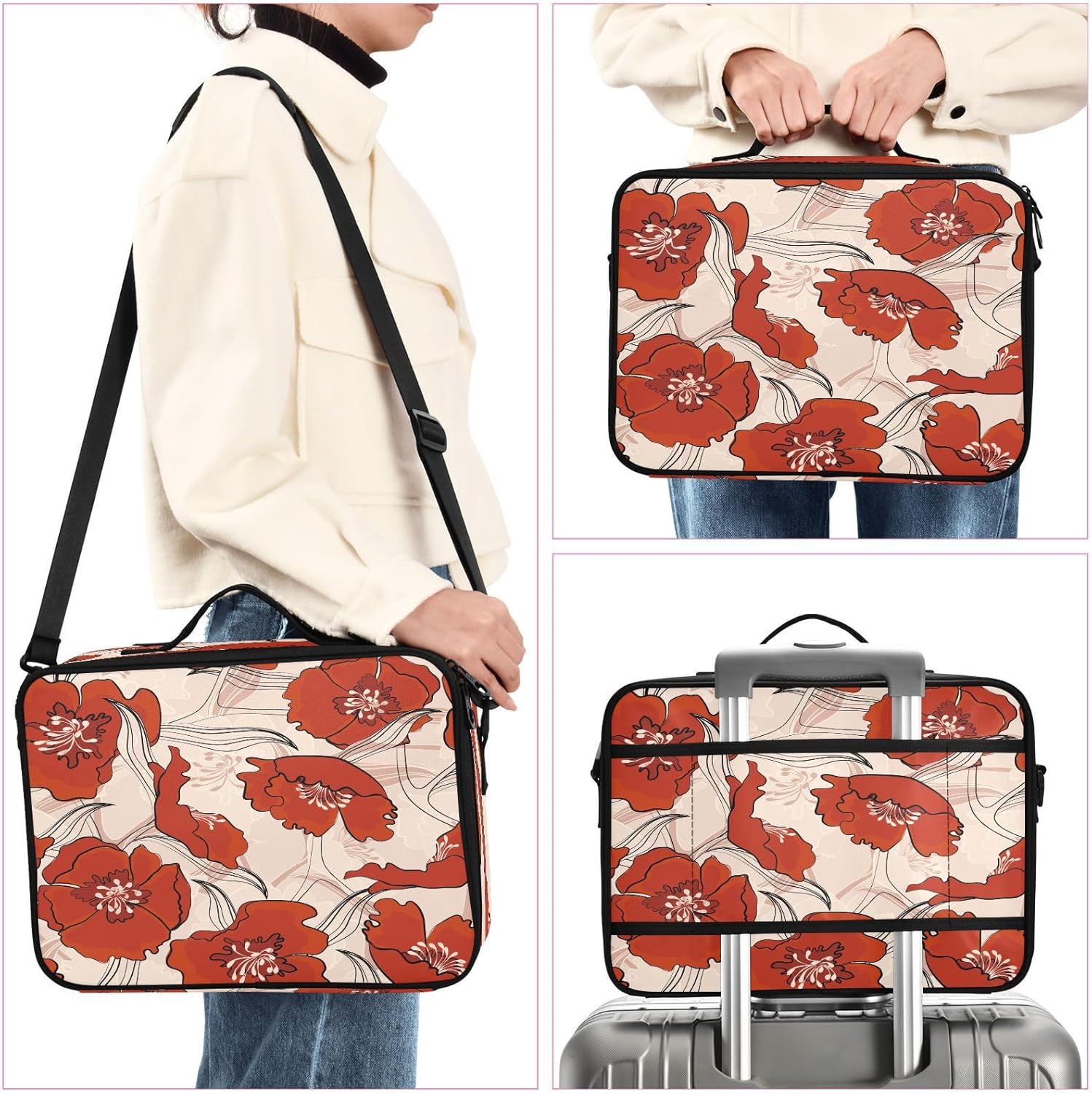 Zathe Painting Red Flower cosmetic bag with handles bag travel toiletry opening makeup bag makeup storage organizer bolso para cosmeticos for women