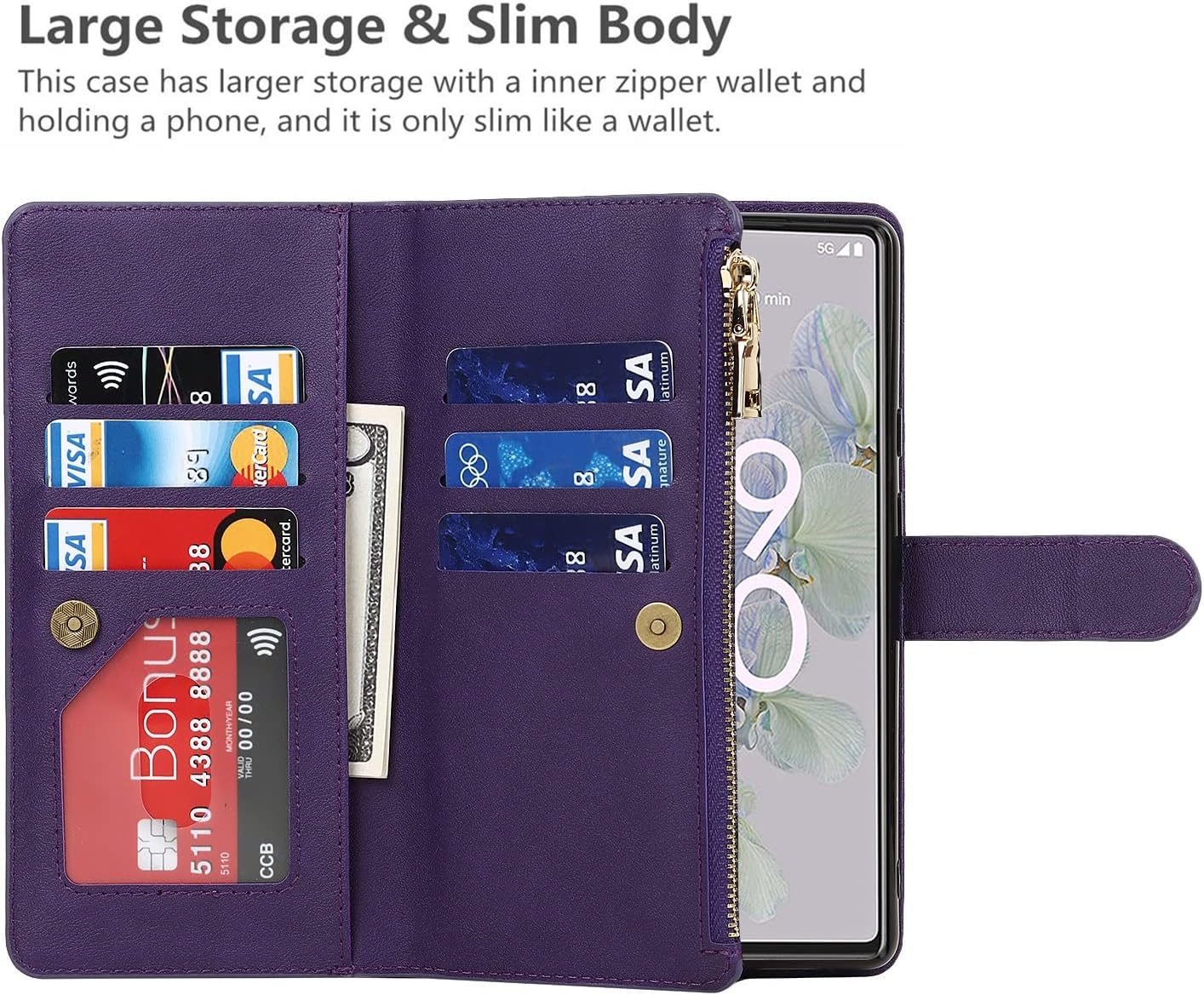 iCoverCase Funda tipo cartera para Google Pixel 6a con soporte para tarjetas, función atril, funda de piel sintética con cordón ajustable para