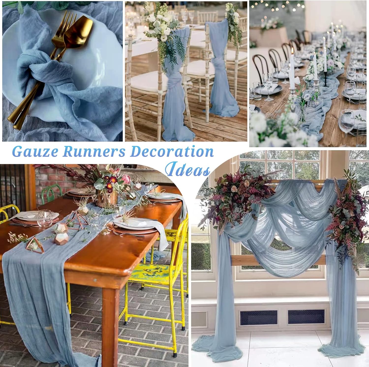 6 piezas de camino de mesa de gasa azul polvoriento de 10 pies, camino de mesa de gasa para boda, recepción, despedida de soltera, fiesta de