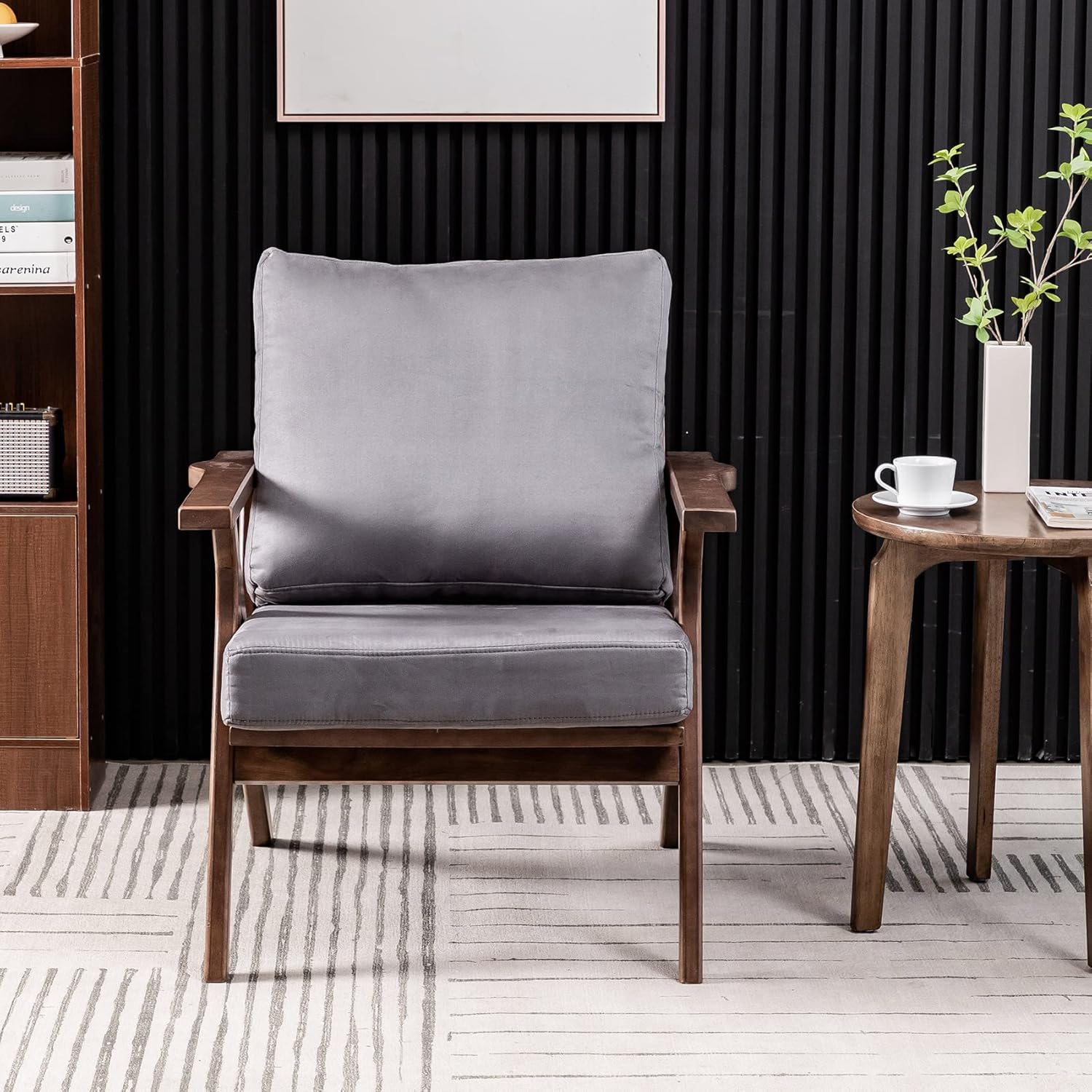 UNICOO – Silla de mediados de siglo, sillón tapizado retro, con marco de madera y cojines extraíbles, silla grande de ocio para sala de