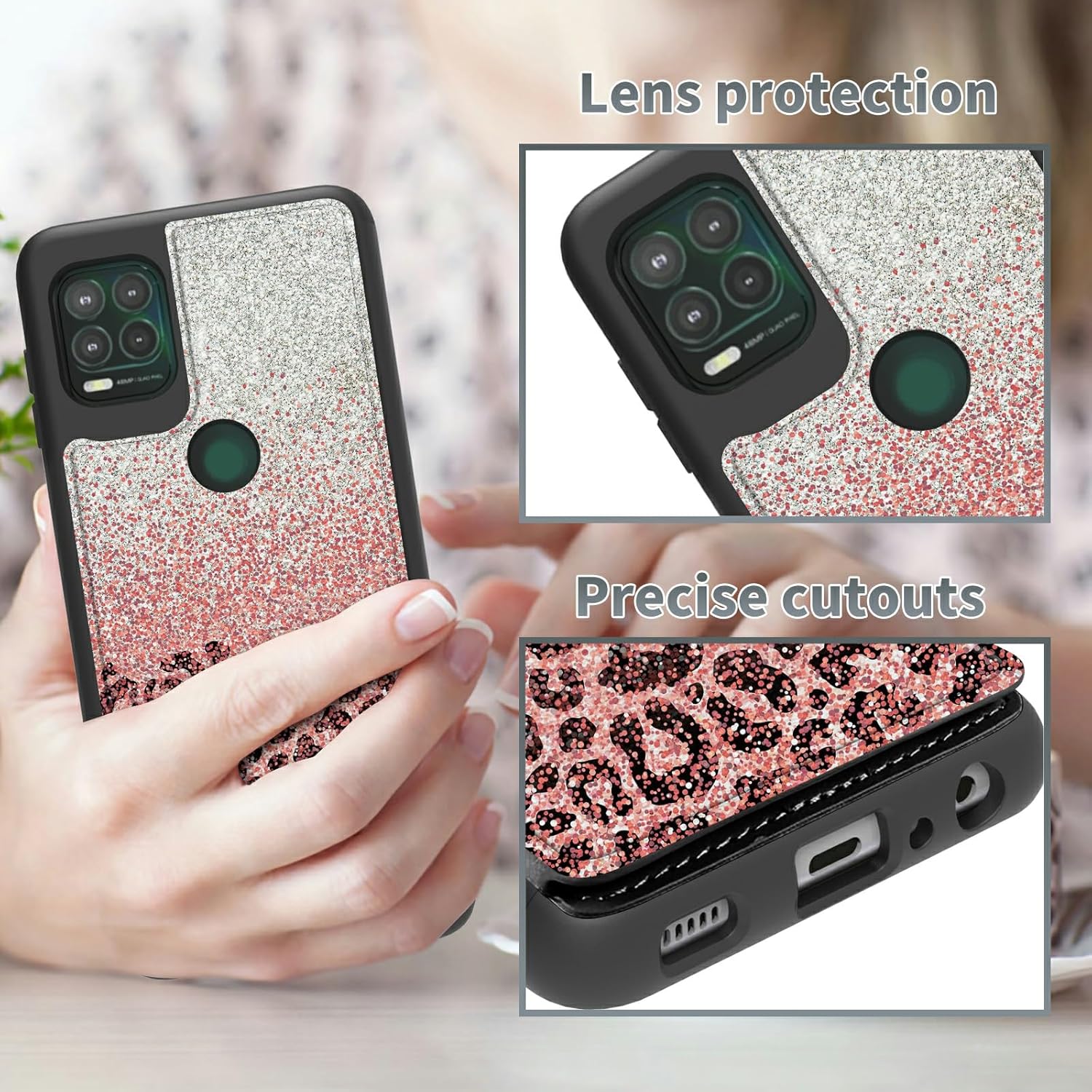 Funda tipo cartera con purpurina de leopardo rosa para Moto G Stylus 5G 2021 con soporte para tarjetas, bloqueo RFID, piel sintética suave, función