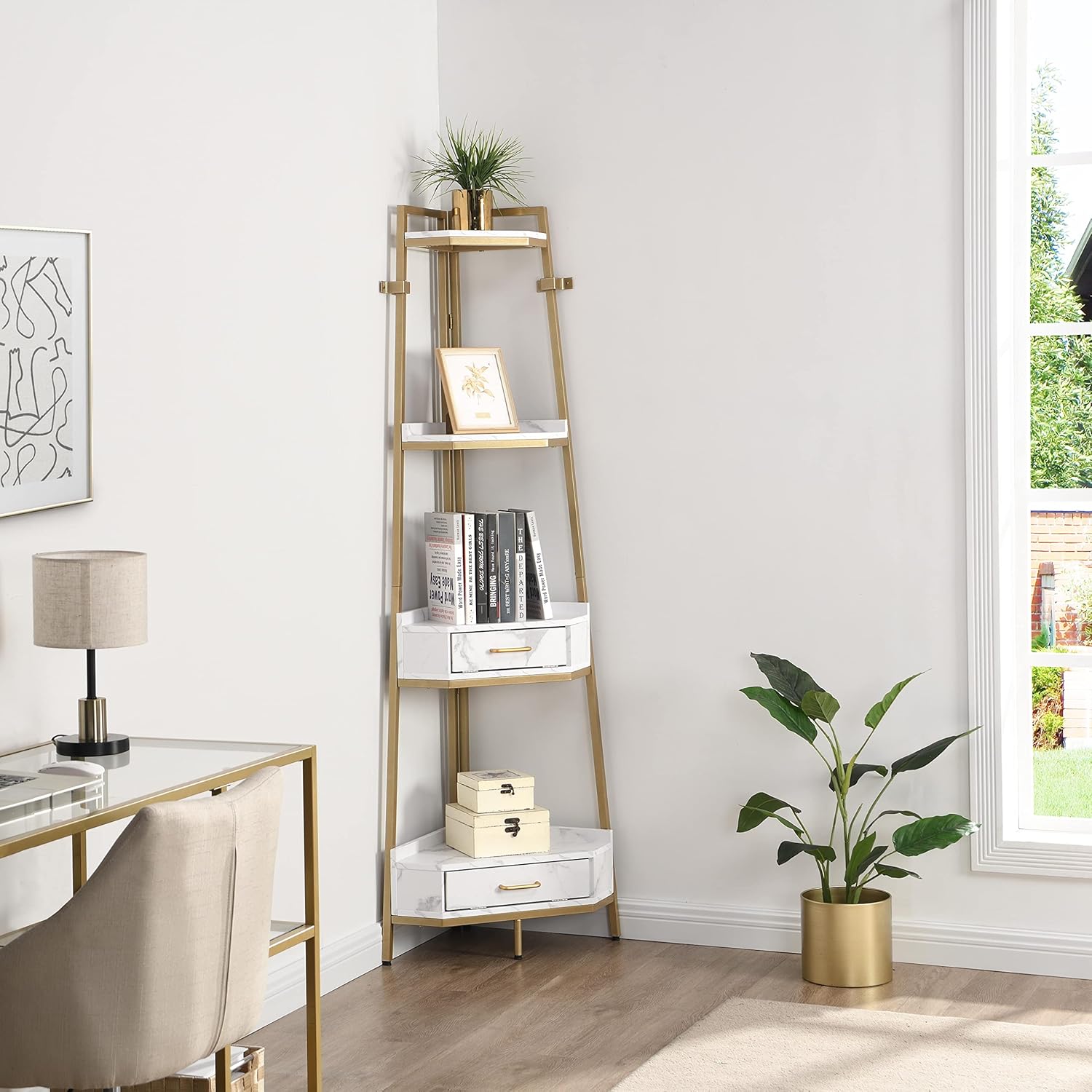 LifeSky – Estante esquinero moderno para escalera, estantes esquineros de 72.64 pulgadas de alto, estantería esquinera de 4 niveles para sala de