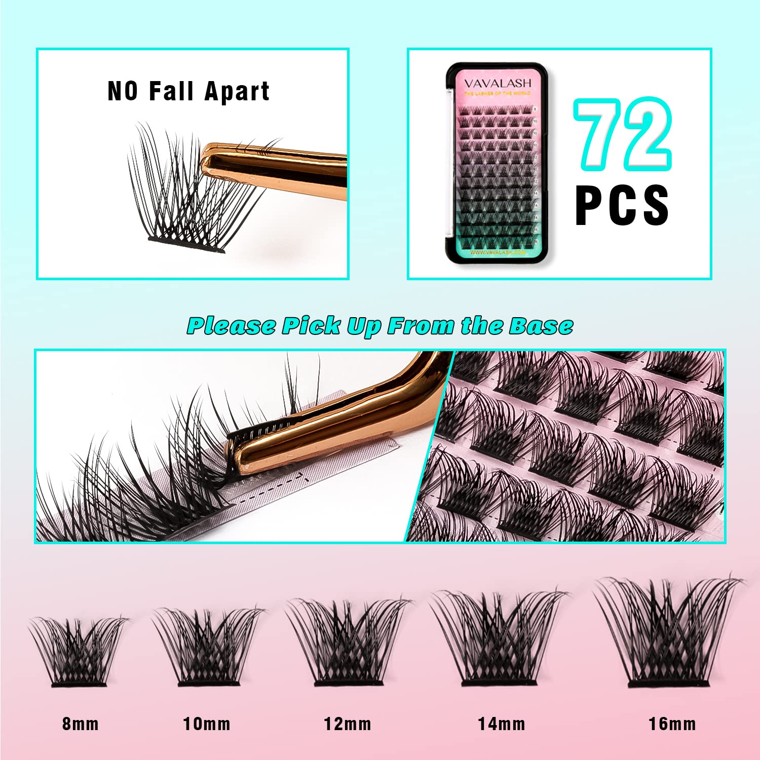 VAVALASH Kit de extensiones de pestañas individuales con 72 unidades de 0.315 a 0.630 pulgadas, mezcla de racimos de pestañas para unir y sellar,