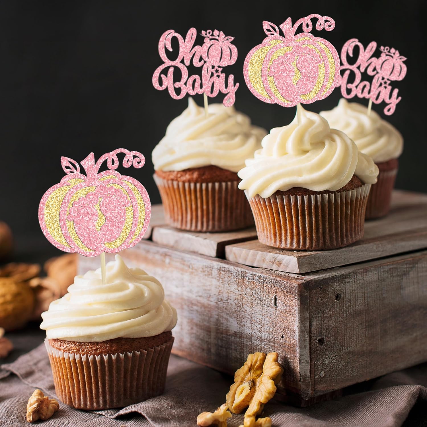 Gyufise 24 adornos para cupcakes de calabaza rosa, decoración de pastel de baby shower, decoración para baby shower con temática de calabaza,