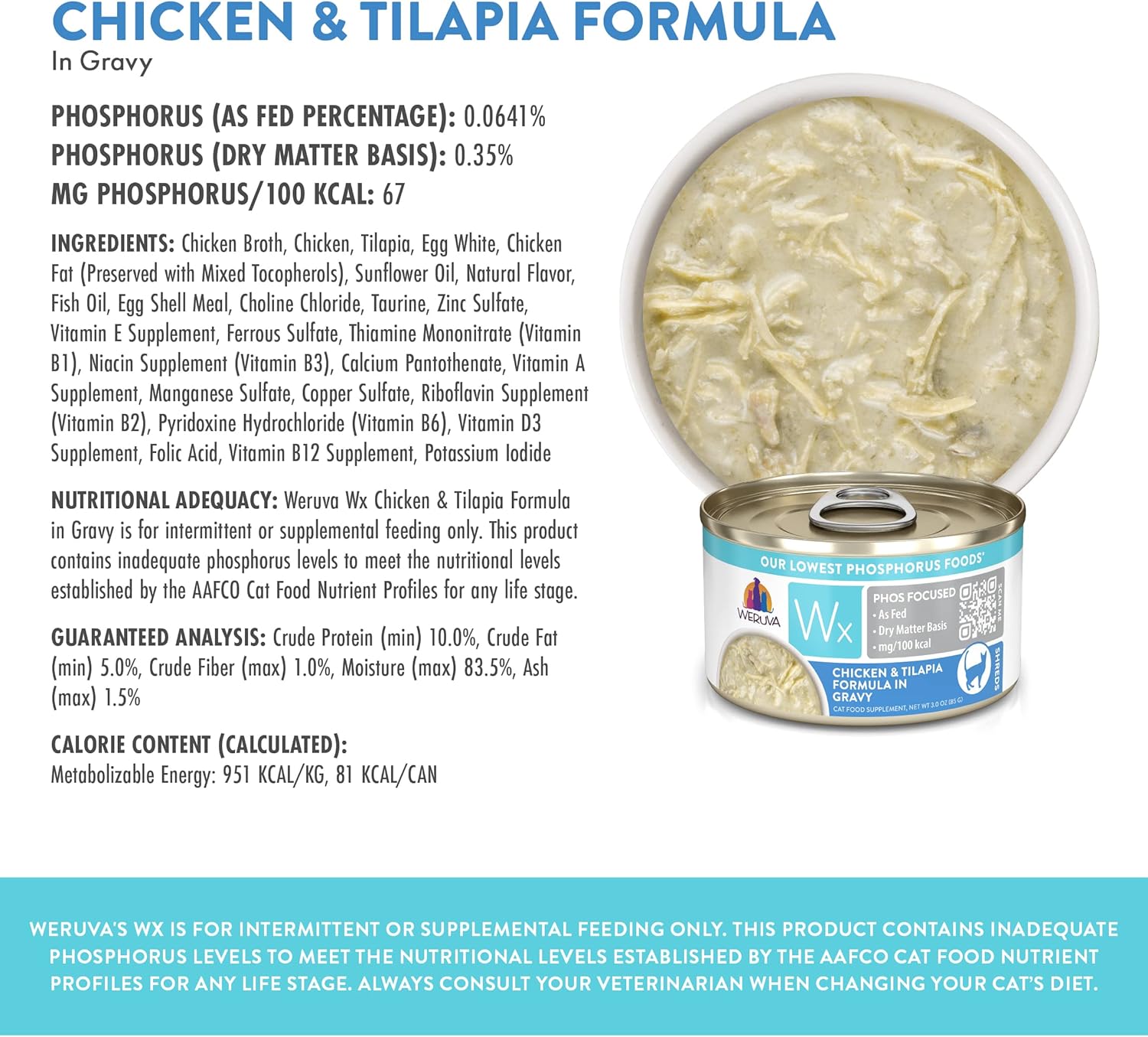 Weruva Wx Phos Focused, fórmula de pollo y tilapia en salsa, lata de 3 onzas (paquete de 12)