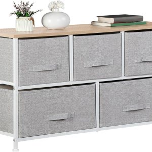 SUPER DEAL Cómoda de 5 cajones para dormitorio, cómoda de tela para armario, organizador de almacenamiento de ropa ancho con marco de acero SUPER DEAL Cómoda de 5 cajones para dormitorio, cómoda de tela para armario, organizador de almacenamiento de ropa ancho con marco de acero