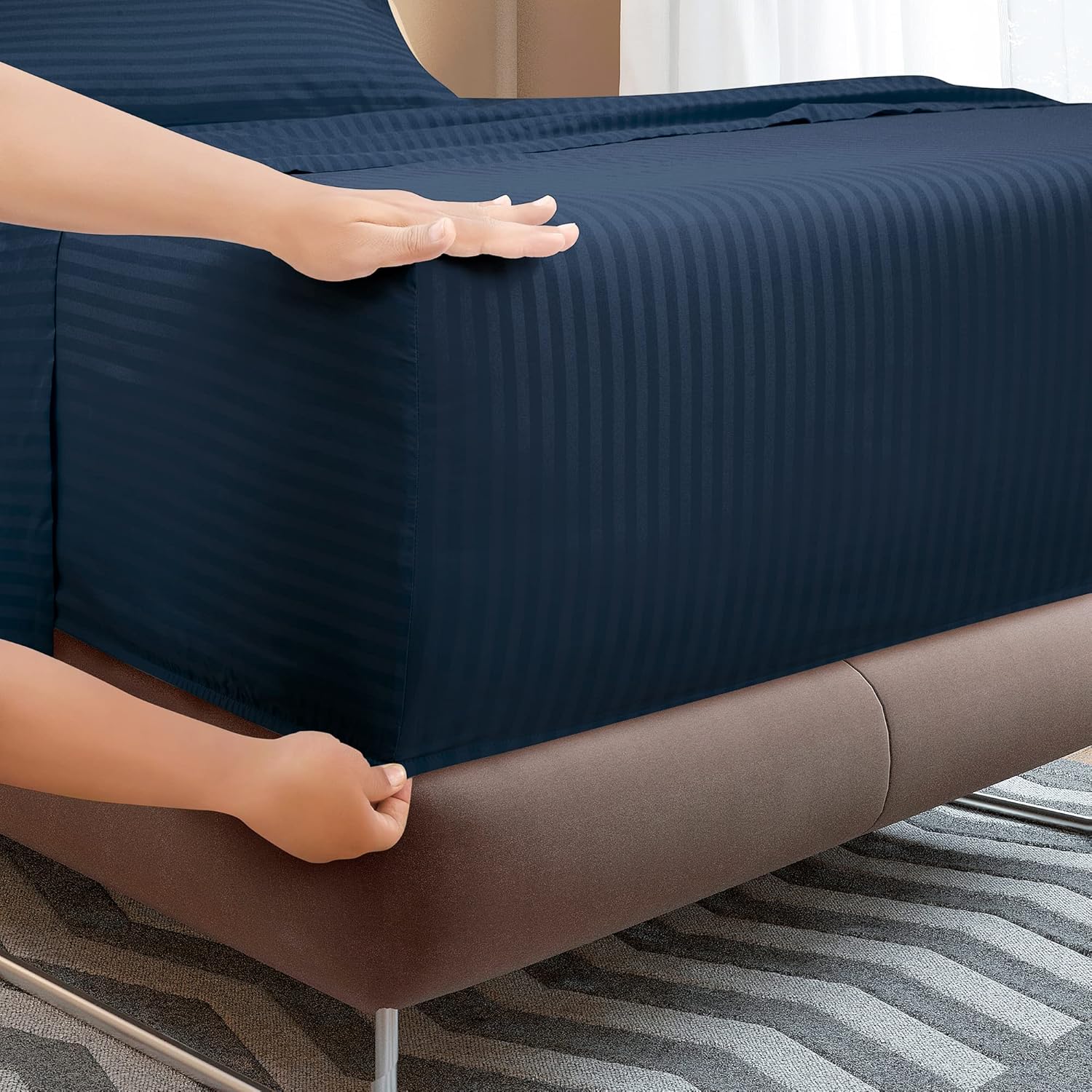 Royale Linen – Juego de sábanas a rayas, microfibra cepillada de 1800 hilos, 1 sábana bajera, 1 sábana encimera, 2 fundas de almohada, resistente a