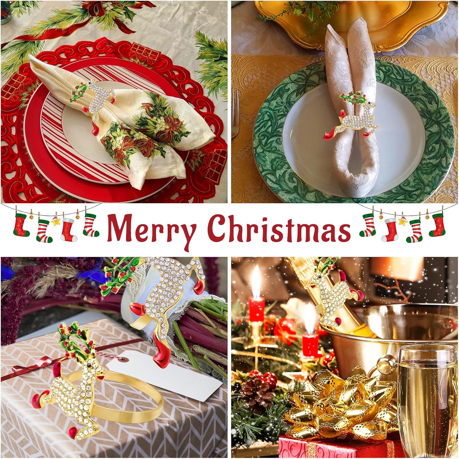 Legigo Juego de 12 servilleteros de ciervo de Navidad – Servilleteros de Navidad con ciervos de diamantes para servilletas de tela, decoración de
