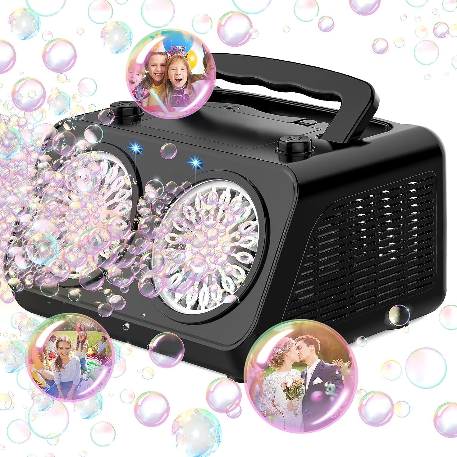 Máquina de burbujas, soplador automático de burbujas con 2 motores de burbujas independientes, fabricante de burbujas para niños con más de 30000