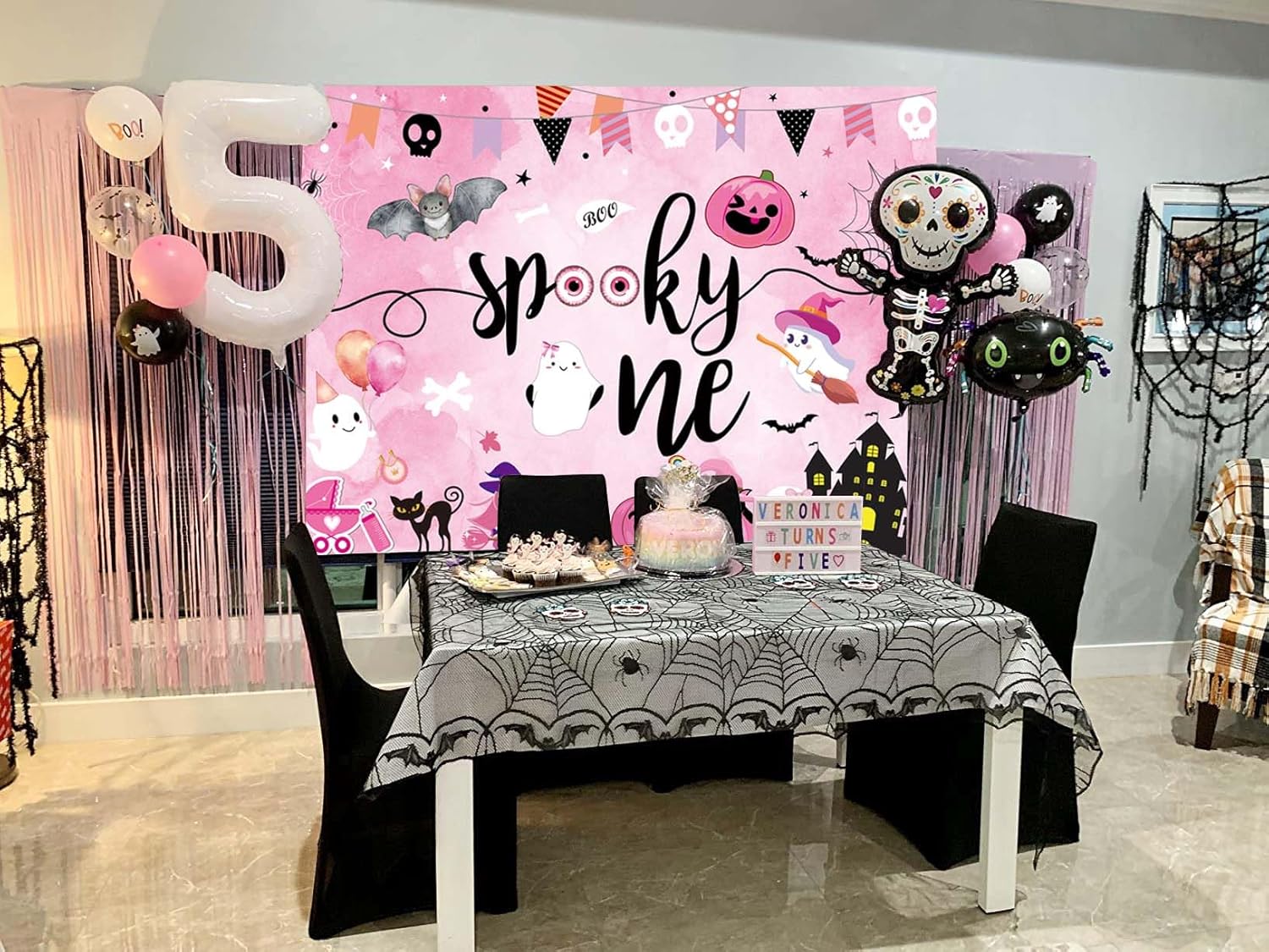 Telón de fondo espeluznante de Halloween para fiesta de primer cumpleaños, rosa, Halloween, calabaza, murciélago, fantasma, cráneo, acuarela, fondo