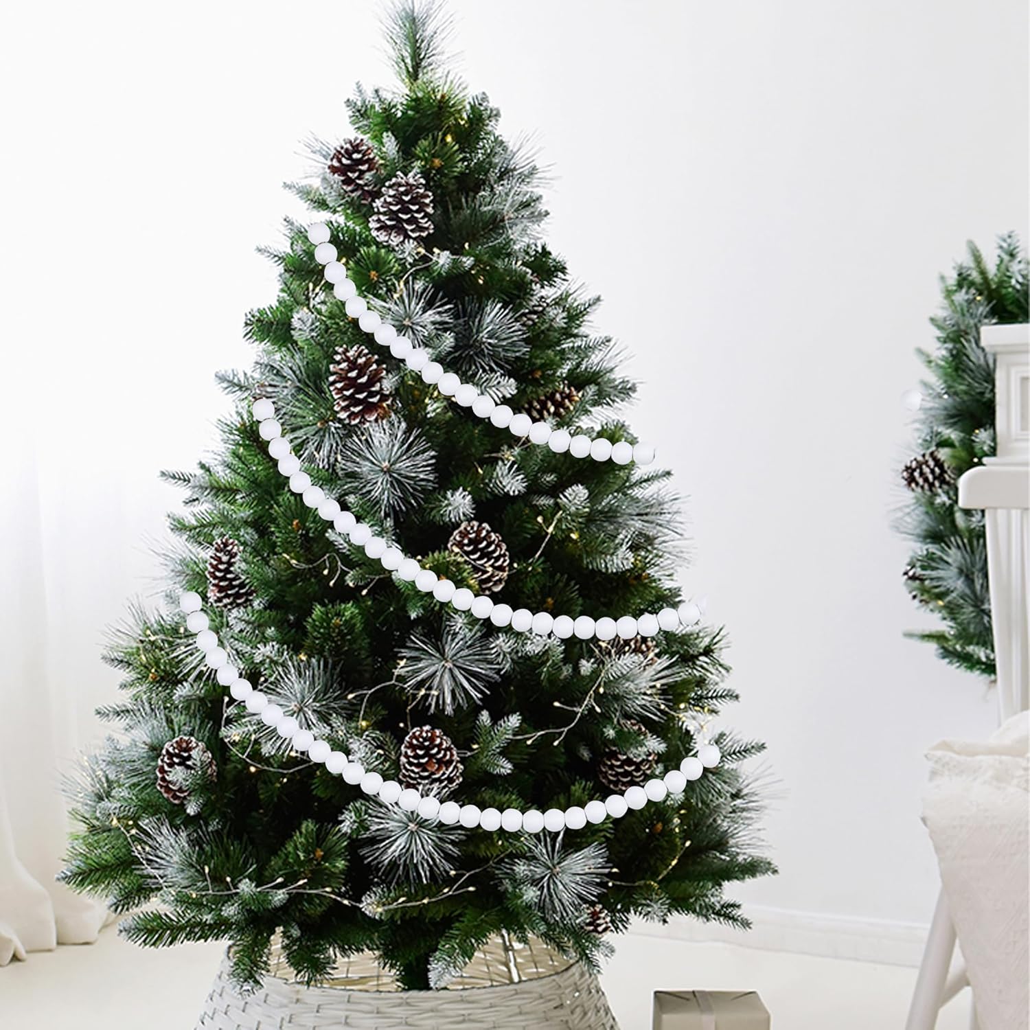 Guirnalda de cuentas de madera de Navidad Guirnalda de cuentas de madera para decoración navideña de árbol de Navidad (blanco)