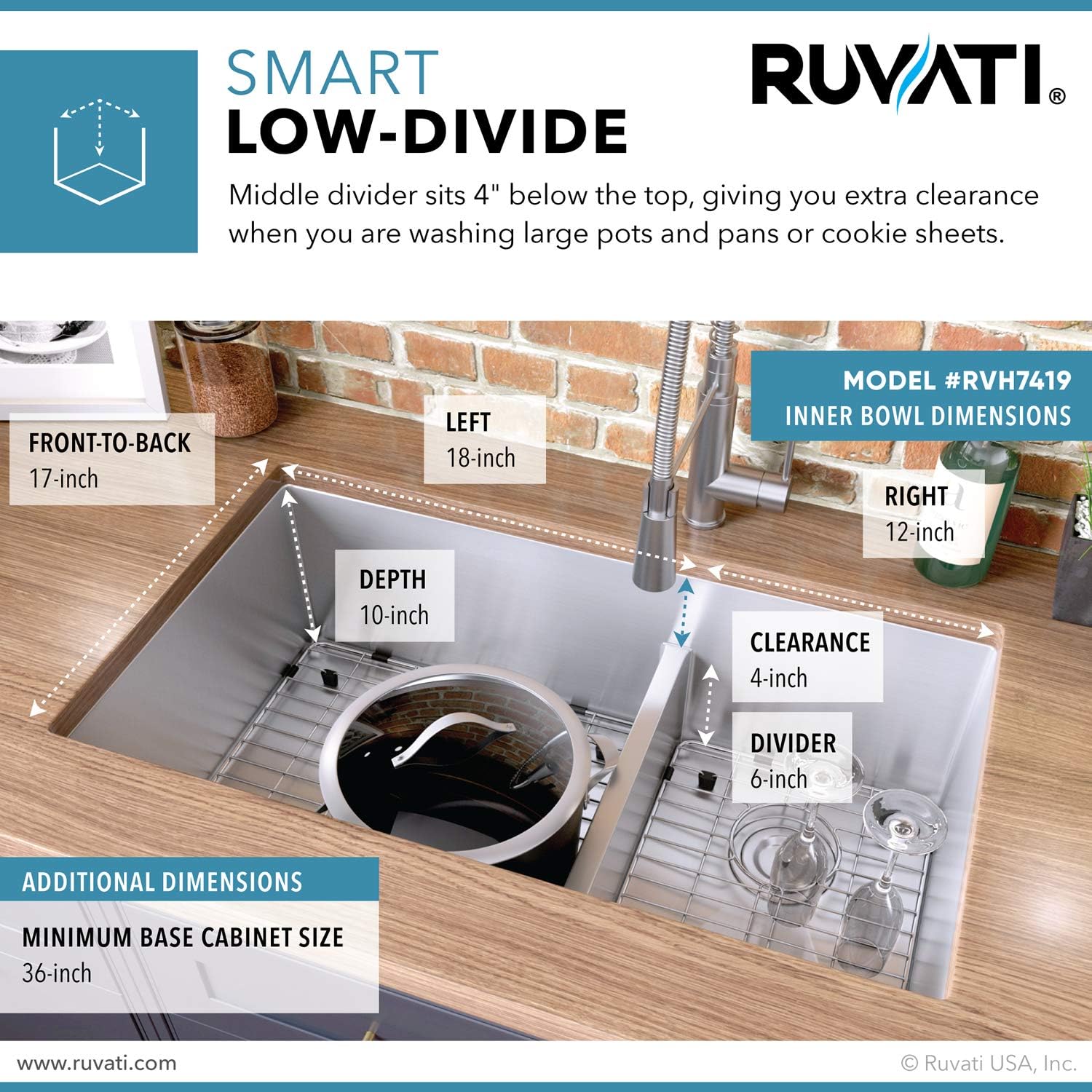 Ruvati RVH7419 – Fregadero de cocina de acero inoxidable de calibre 16 de 33 pulgadas, radio apretado 6040 de bajo división